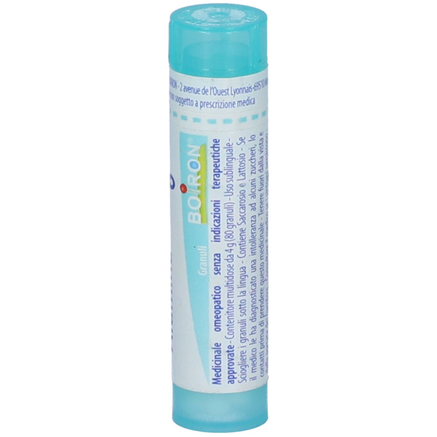 Confezione cilindrica azzurra. Scritta: BOIRON, Granuli. Etichetta bianca con testo blu. Tappo blu.