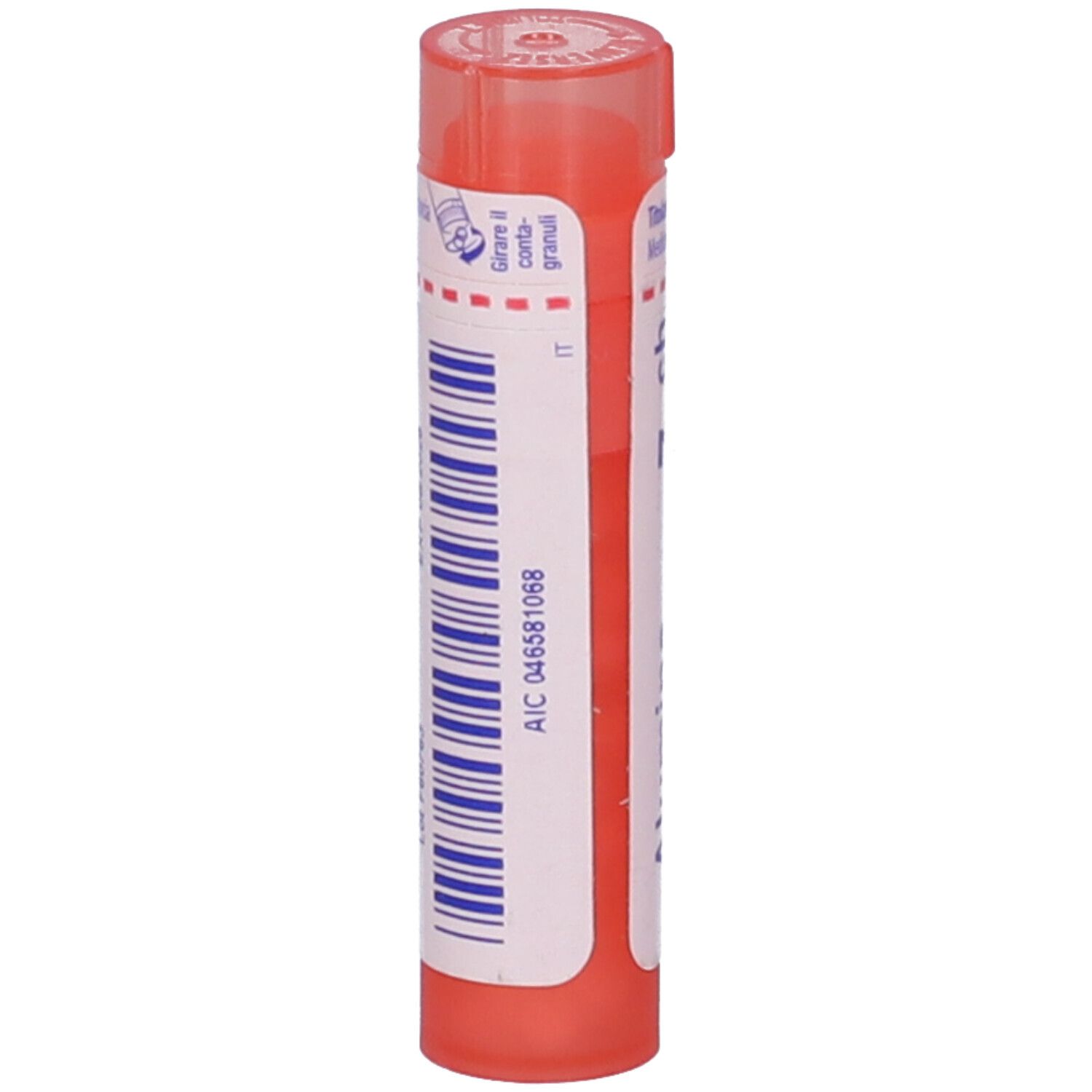 Contenitore cilindrico rosso. Etichette bianche con linee e testo blu. Codice AIC.