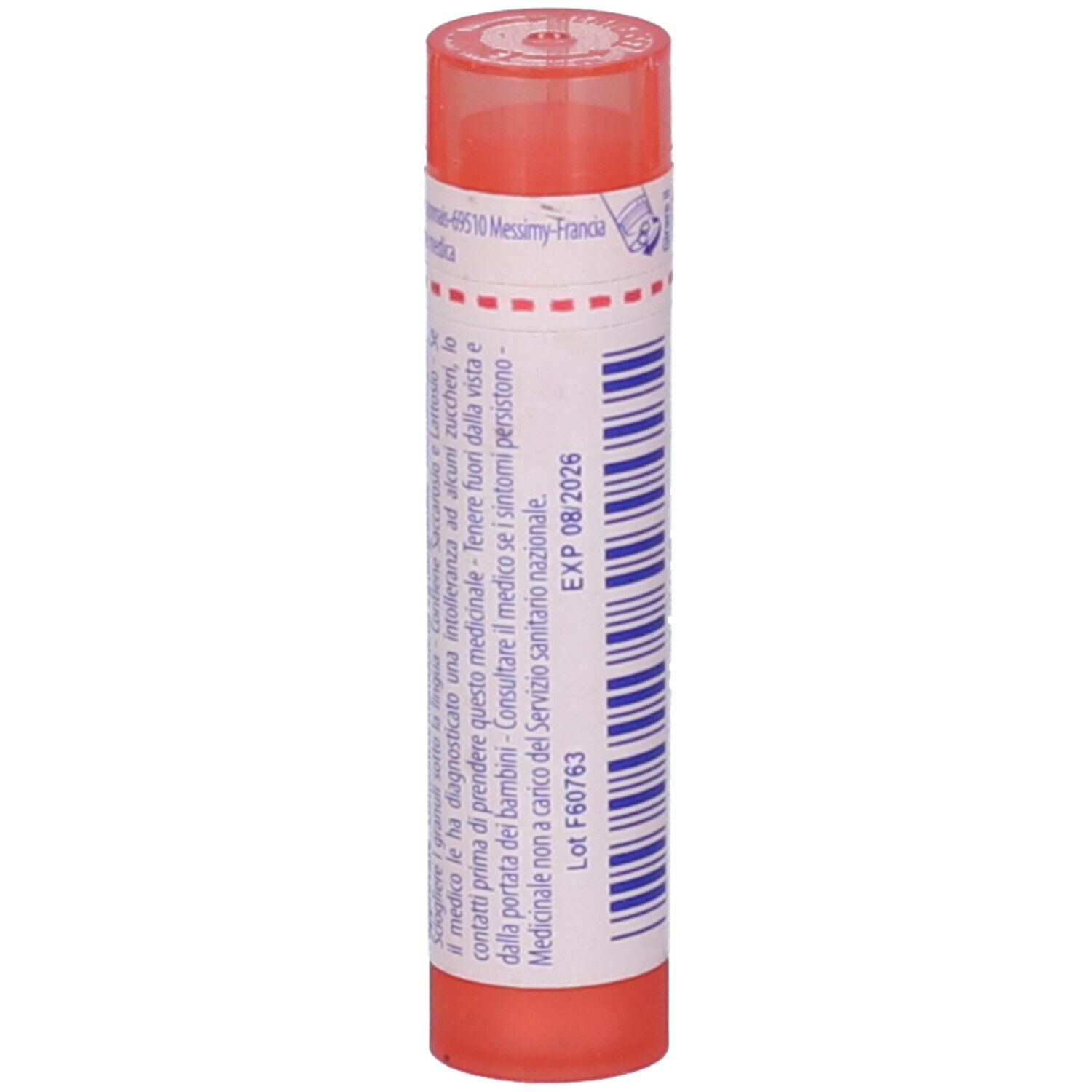 Contenitore cilindrico rosso. Etichette bianche con testo. Scadenza: 08/2026. Lotto F60763.