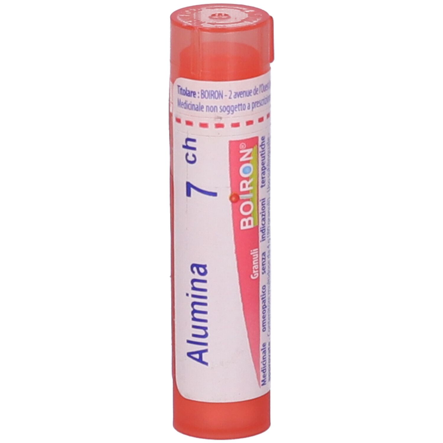 Contenitore cilindrico rosso con "Alumina 7 ch" e logo "BOIRON". Etichetta bianca.