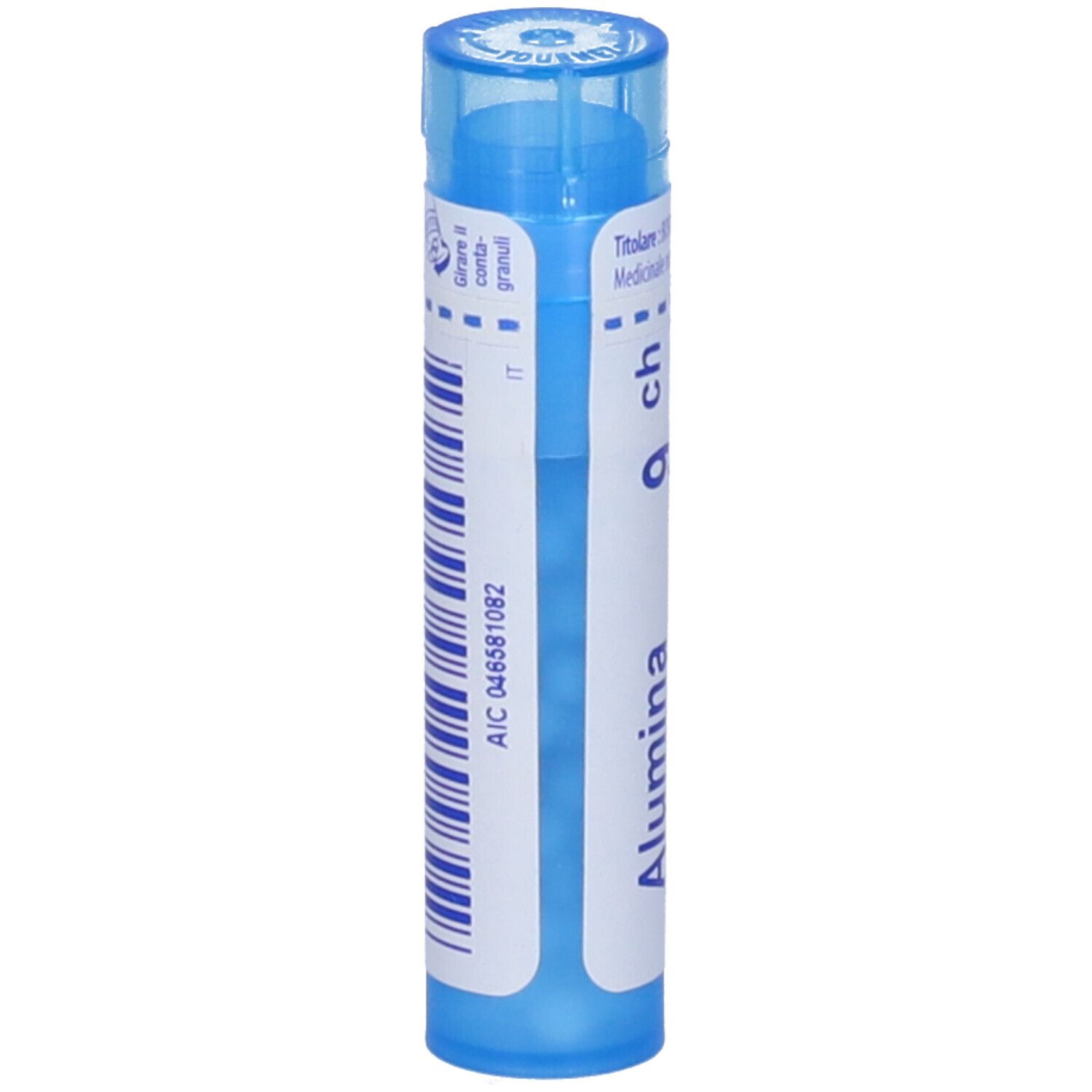 Tubetto blu con etichetta bianca. Scritta: Alumina, 9 ch. Etichetta con codice a barre e codice IT.