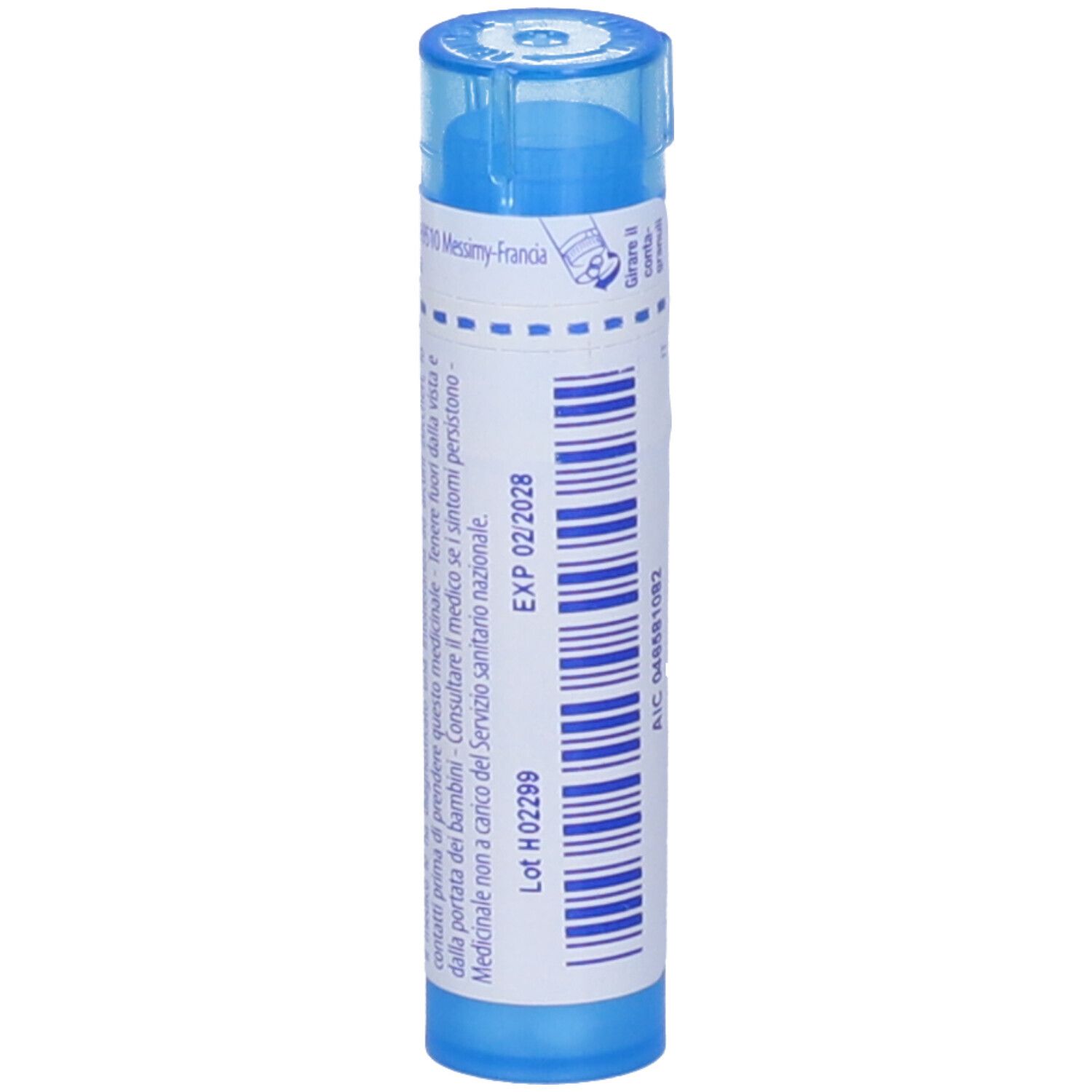 Tubetto blu con etichetta bianca. Scritta: Alumina, 9 ch. Etichetta con data di scadenza: 02/2028.