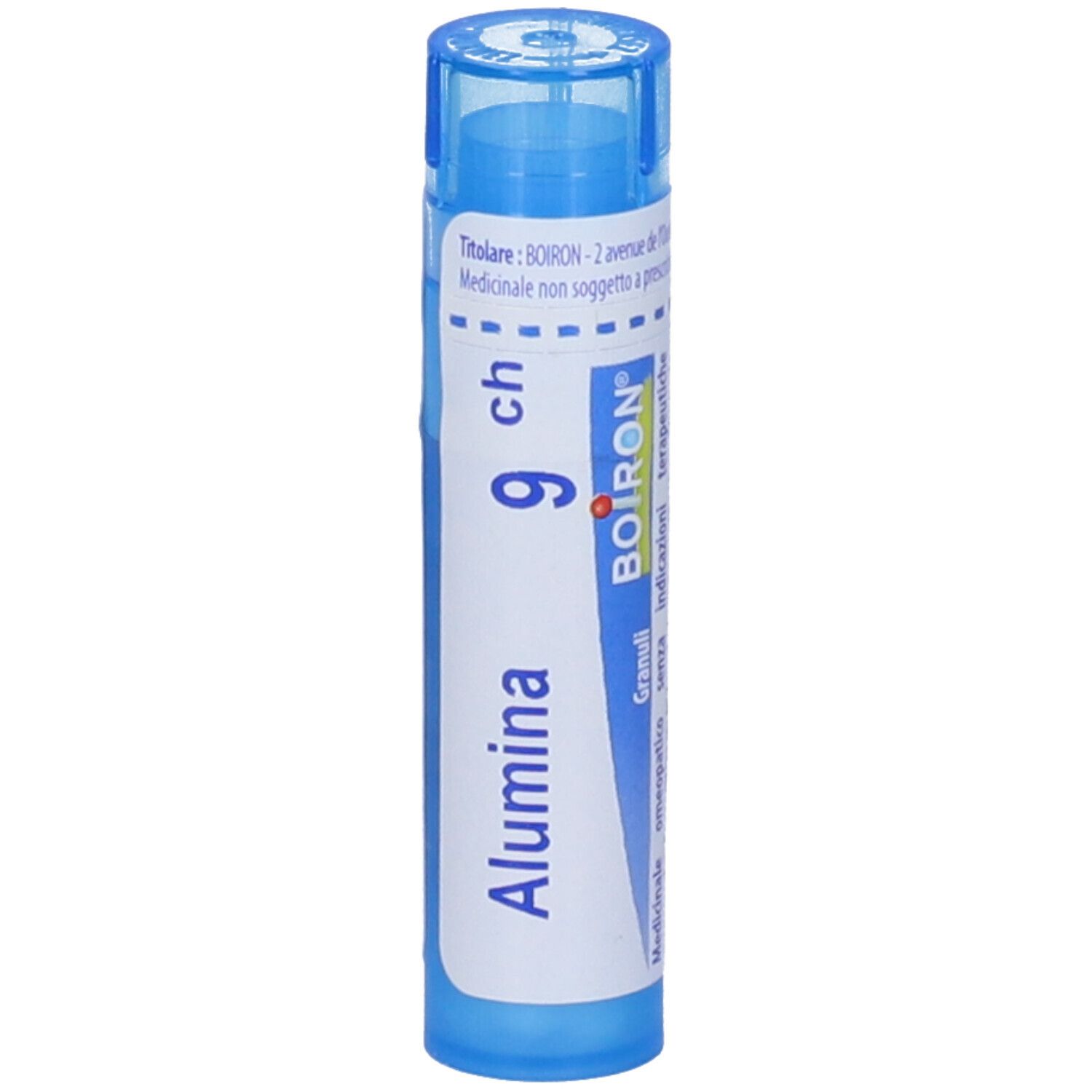 Tubetto blu con etichetta bianca. Scritta: Alumina, 9 ch, BOIRON. Tappo e base blu.