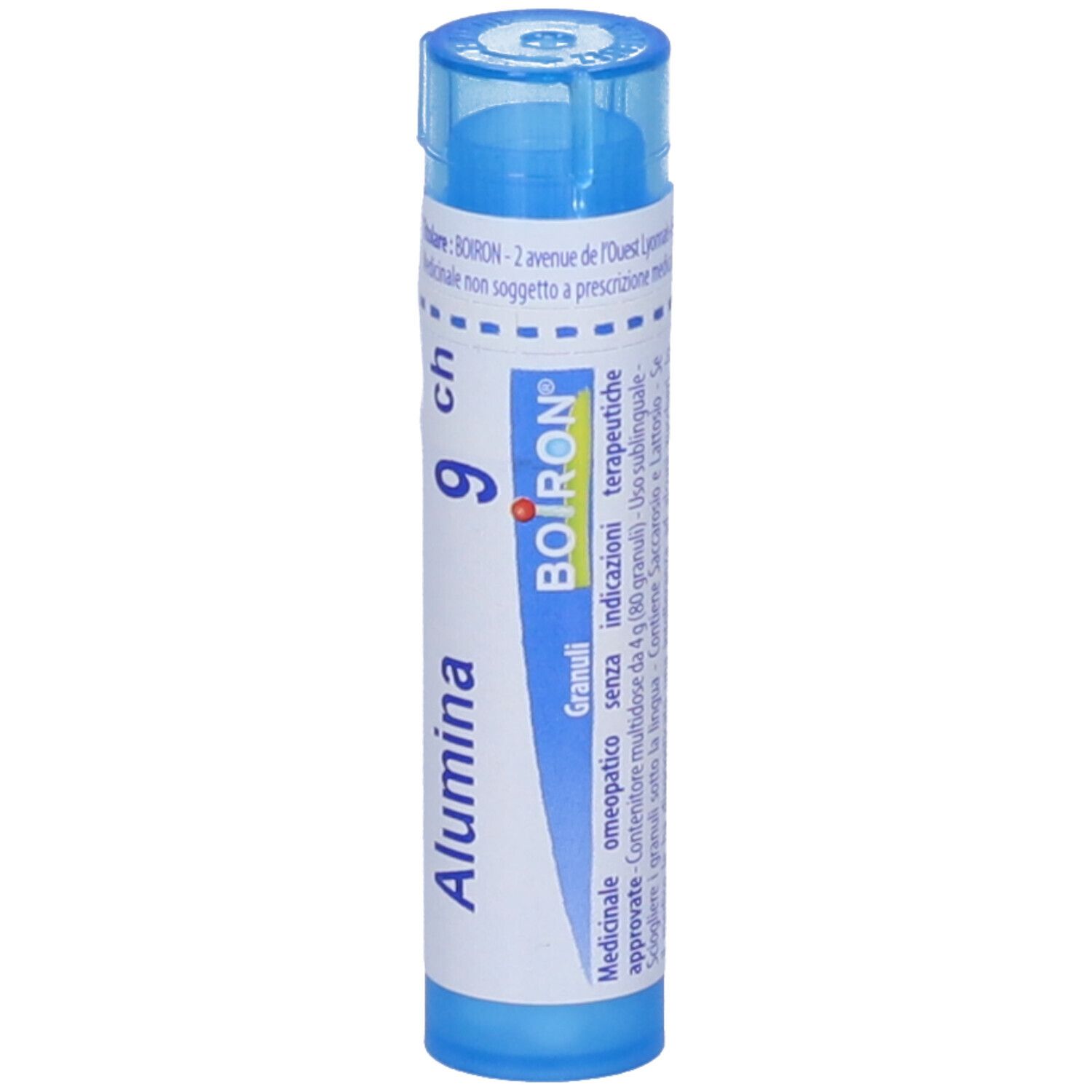 Tubetto blu con etichetta bianca. Scritta: Alumina, 9 ch, BOIRON. Tappo e base blu.