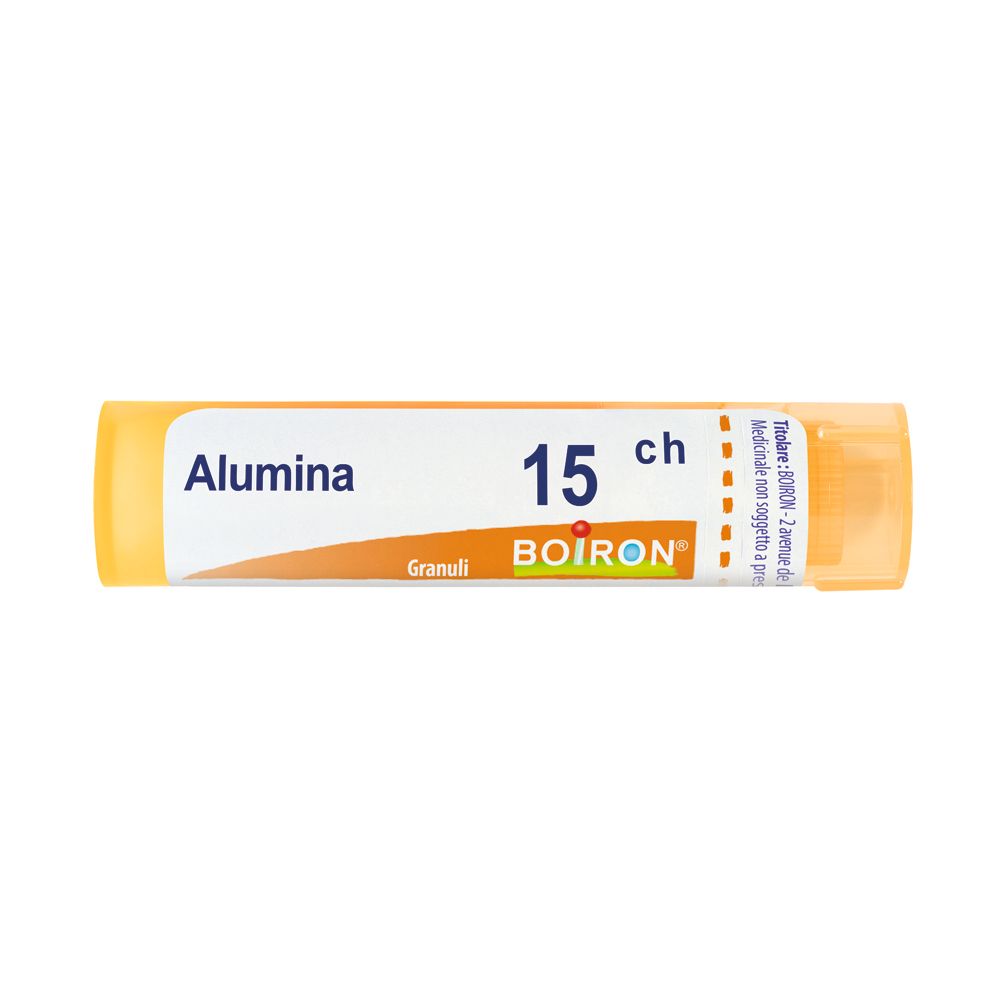 Flacone cilindrico giallo con etichetta bianca. Scritte: Alumina, 15 ch, BOIRON, Granuli.