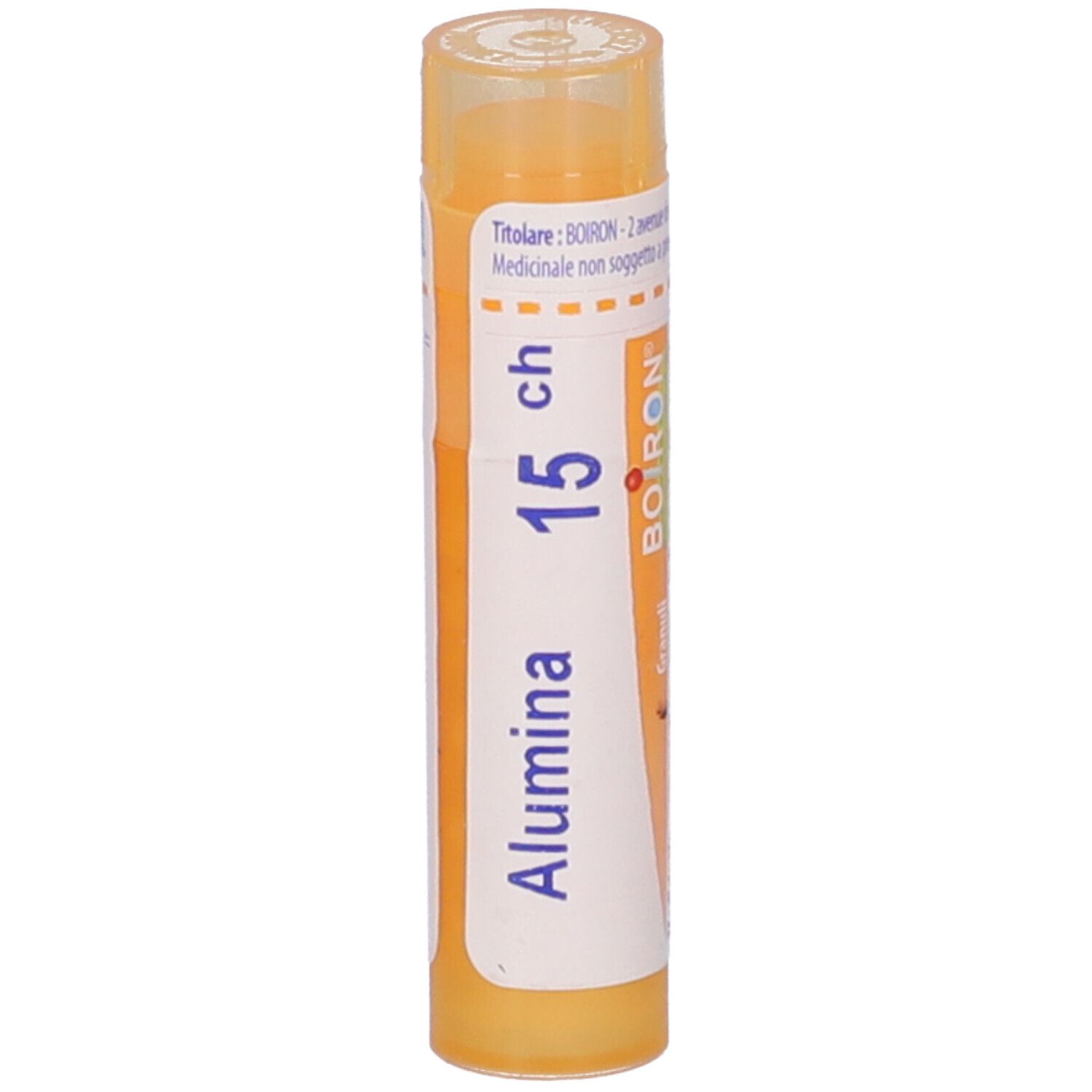 Flacone cilindrico giallo. Etichetta bianca: Alumina, 15 ch, BOIRON. Flacone in piedi.