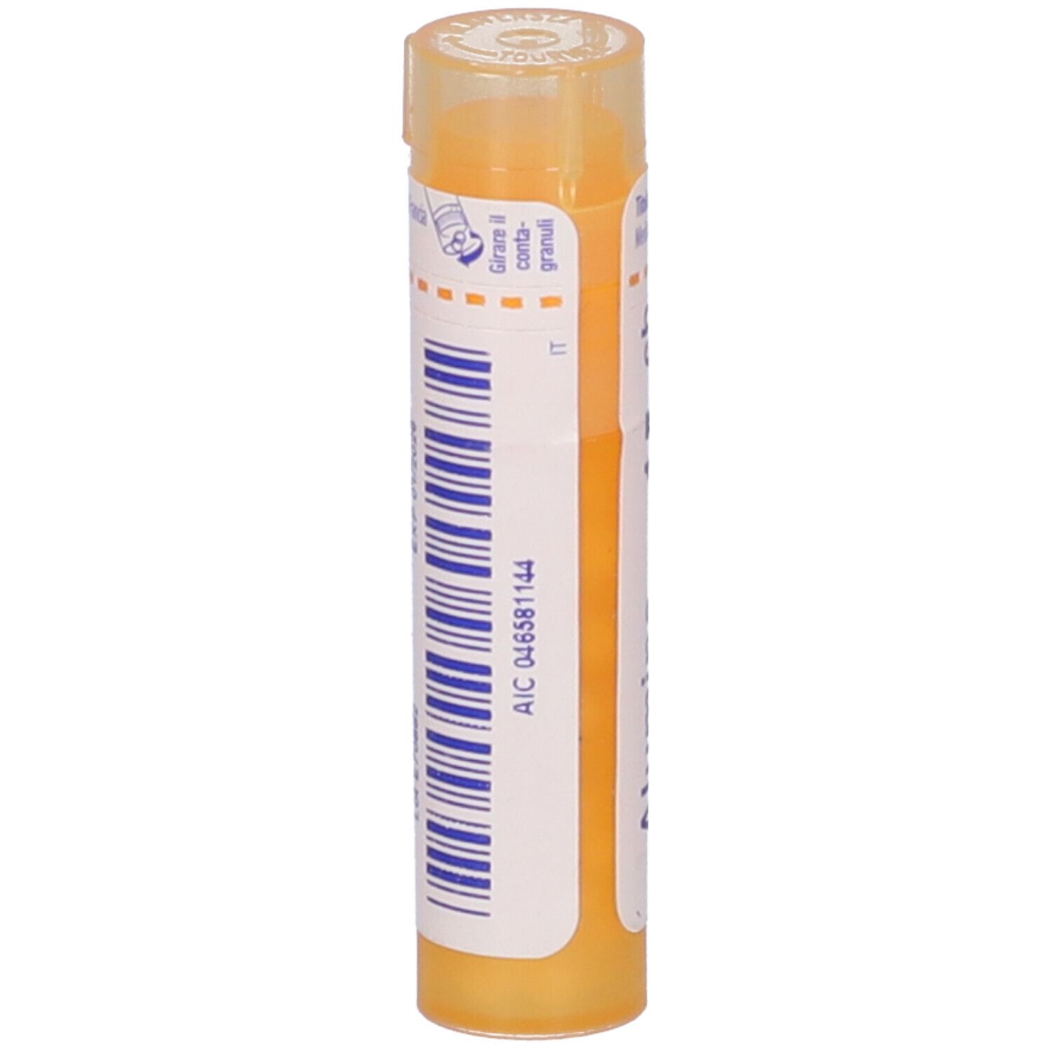 Flacone cilindrico giallo. Etichetta bianca: Alumina, 15 ch. Flacone in piedi.
