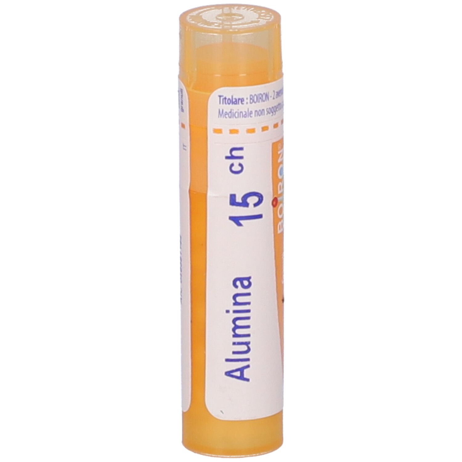 Flacone cilindrico giallo. Etichetta bianca: Alumina, 15 ch. Flacone in piedi.