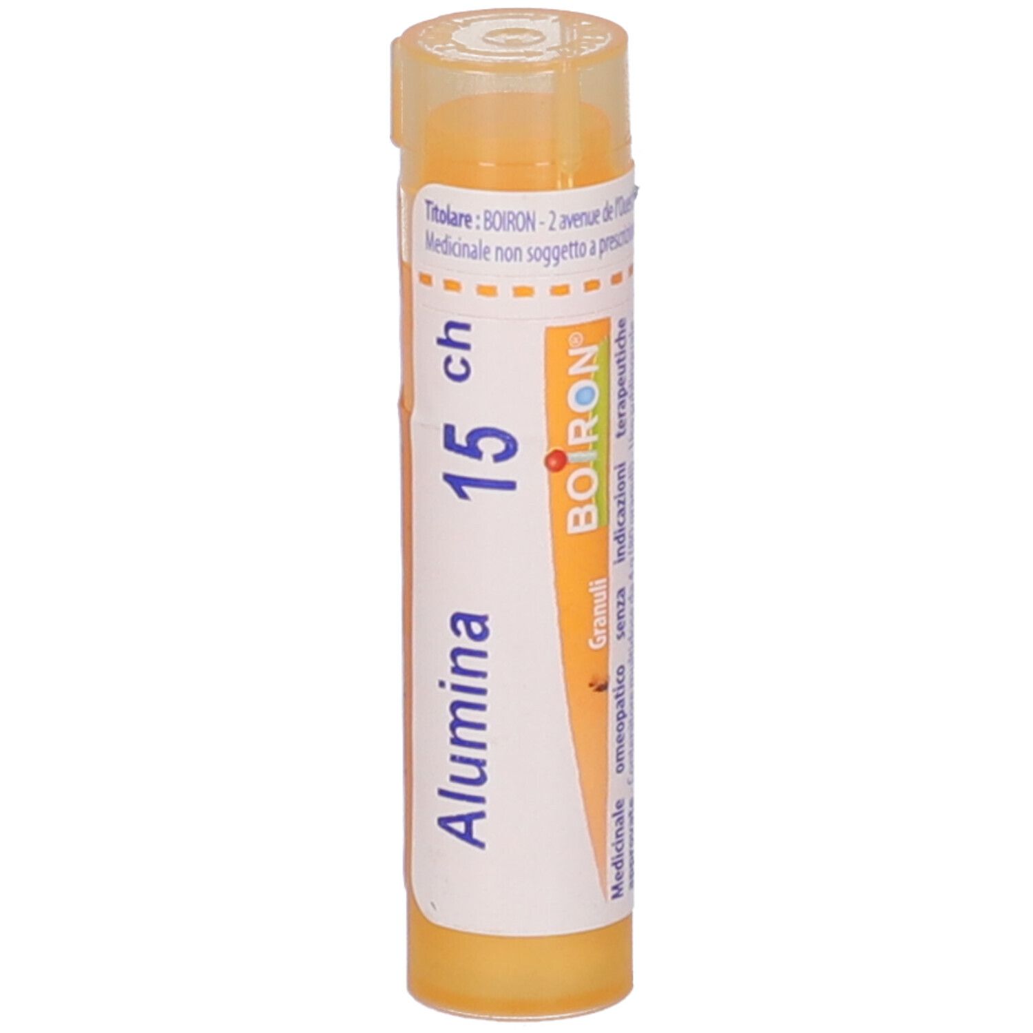 Flacone cilindrico giallo. Etichetta bianca: Alumina, 15 ch, BOIRON. Flacone in piedi.