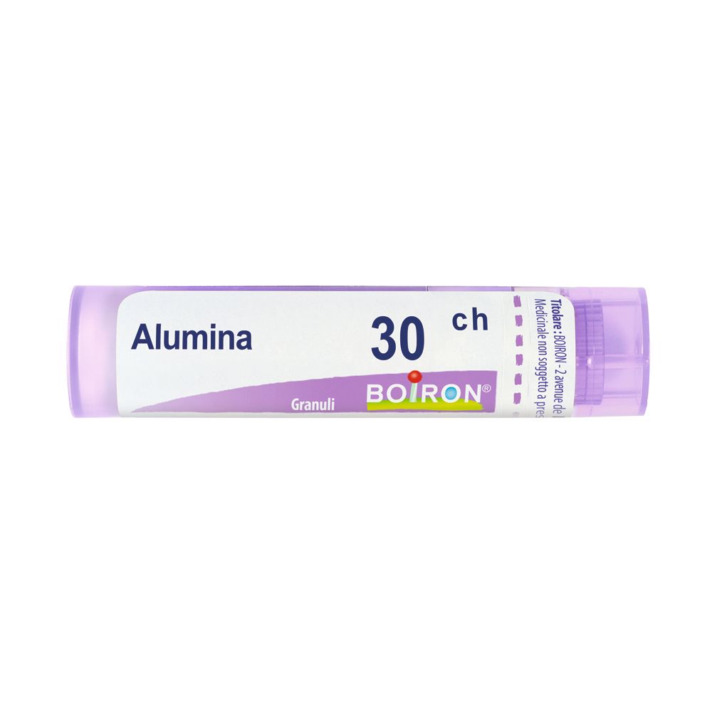 Confezione cilindrica con scritta "Alumina 30 ch Granuli" e logo BOIRON. Tappo viola.