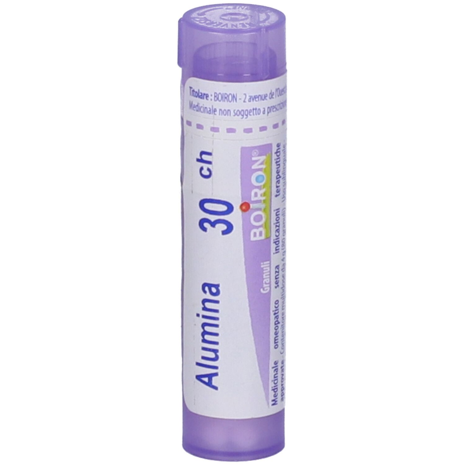 Confezione cilindrica con "Alumina 30 ch" e logo BOIRON. Tappo viola. Etichetta con informazioni.