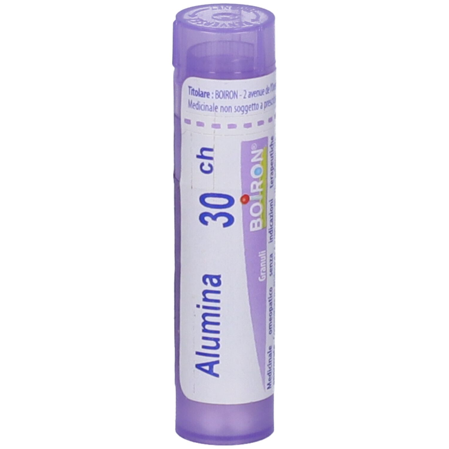 Confezione cilindrica con "Alumina 30 ch" e logo BOIRON. Tappo viola. Etichetta con informazioni.