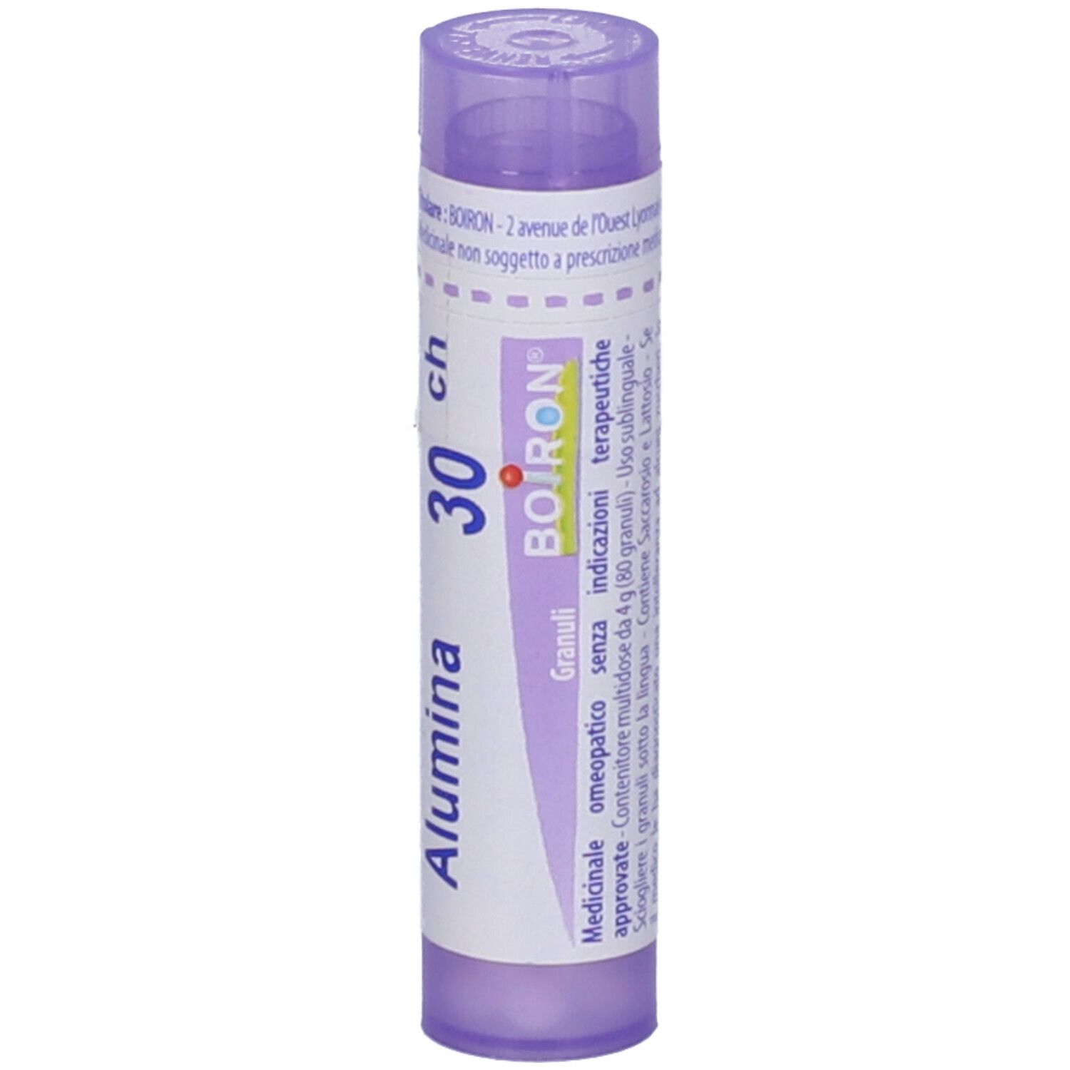 Confezione cilindrica con "Alumina 30 ch" e logo BOIRON. Tappo viola. Etichetta con informazioni.