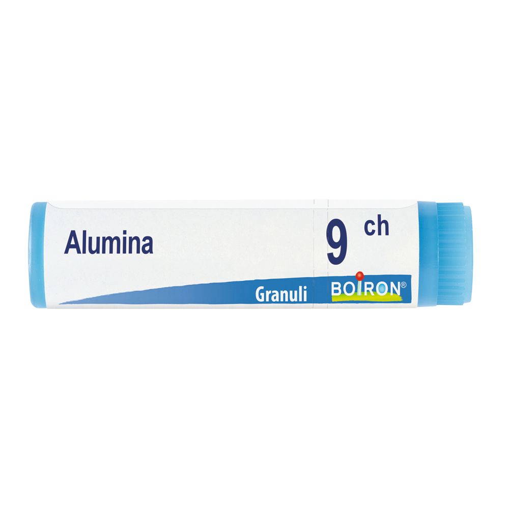 Confezione cilindrica con tappo blu. Scritta: Alumina, 9 ch, Granuli, BOIRON.
