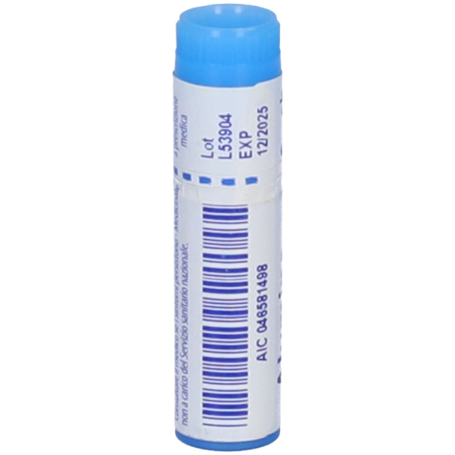 Confezione cilindrica con tappo blu. Scritta: Alumina, 9 ch, BOIRON. Codice a barre e numero di lotto.