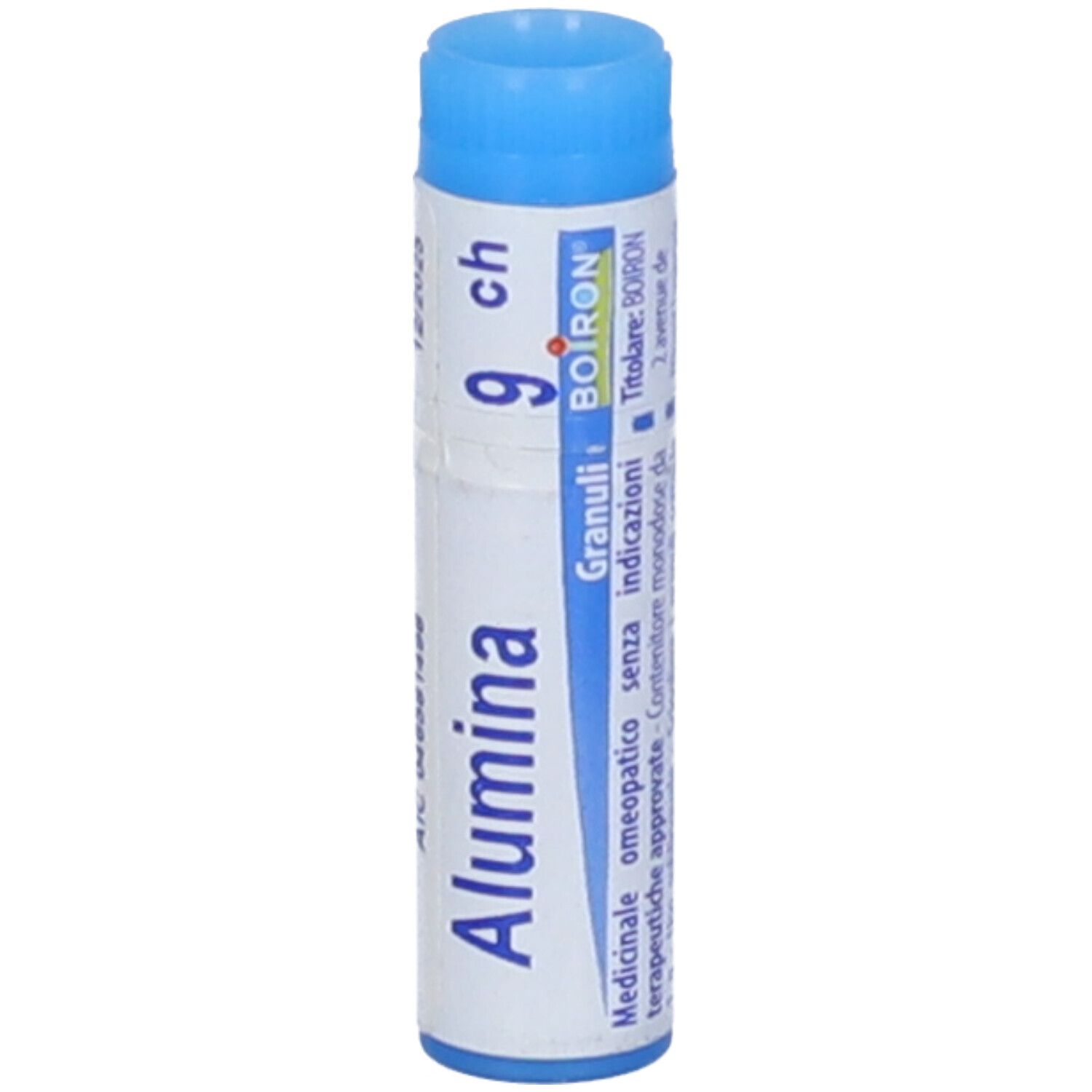 Confezione cilindrica con tappo blu. Scritta: Alumina, 9 ch, BOIRON. Informazioni sulla composizione.