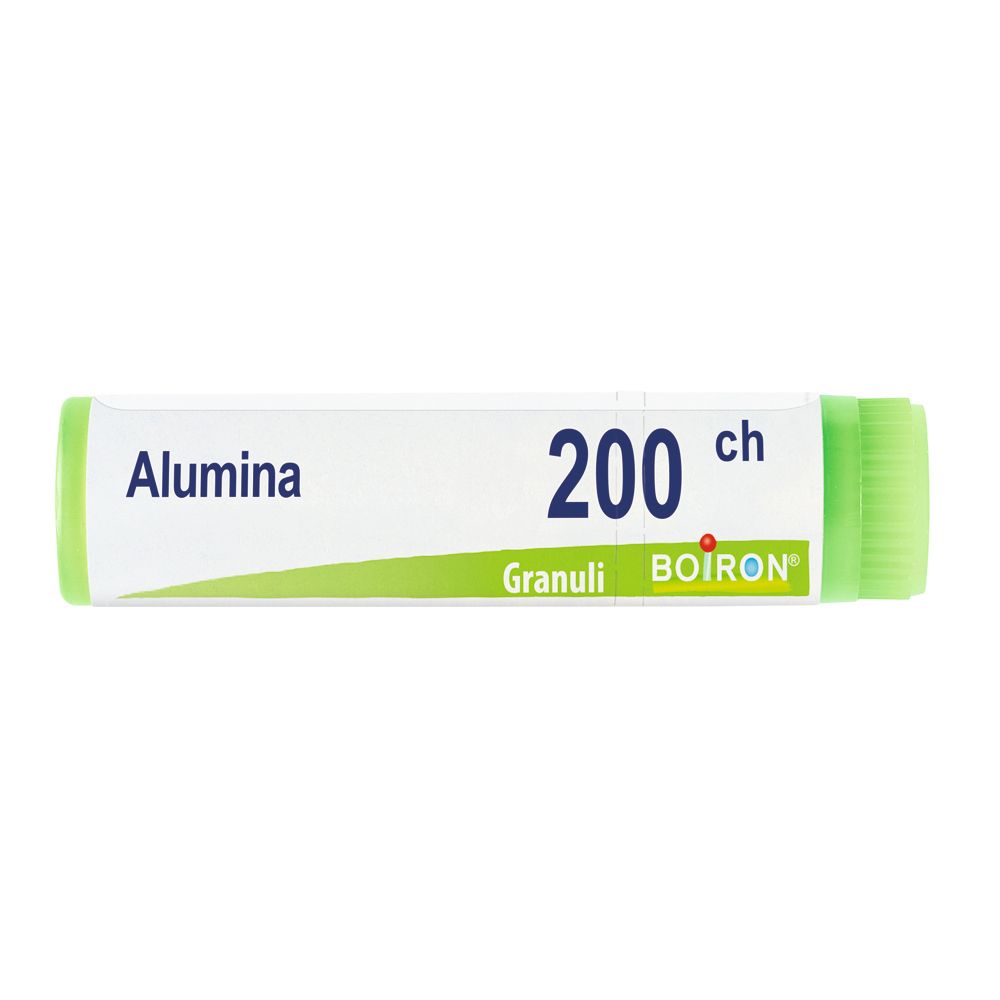 Confezione cilindrica con tappi verdi. Scritta: Alumina, 200 ch, Granuli, BOIRON.