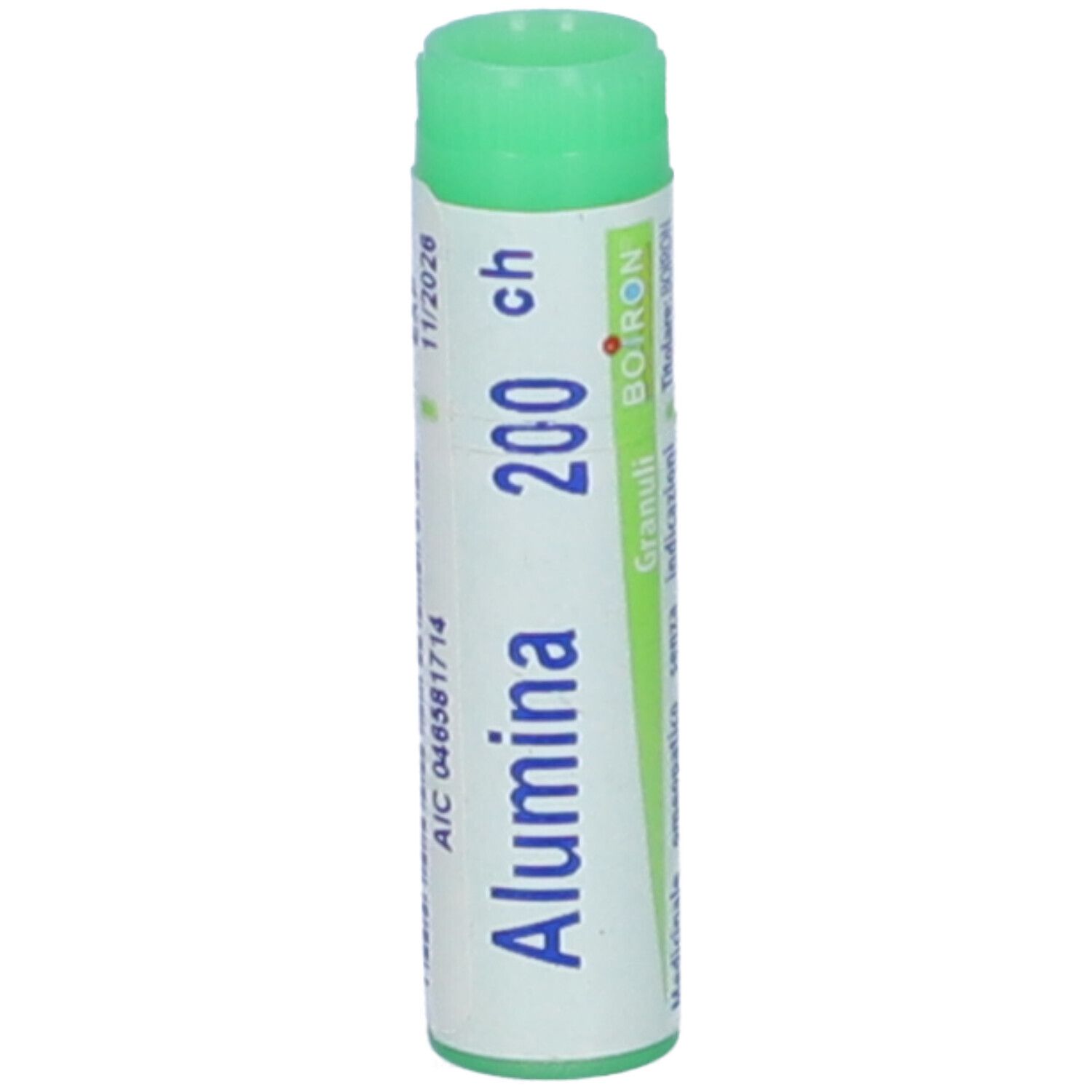 Flacone cilindrico con tappo verde. Scritta: Alumina 200 ch, AIC, EXP 11/2026.