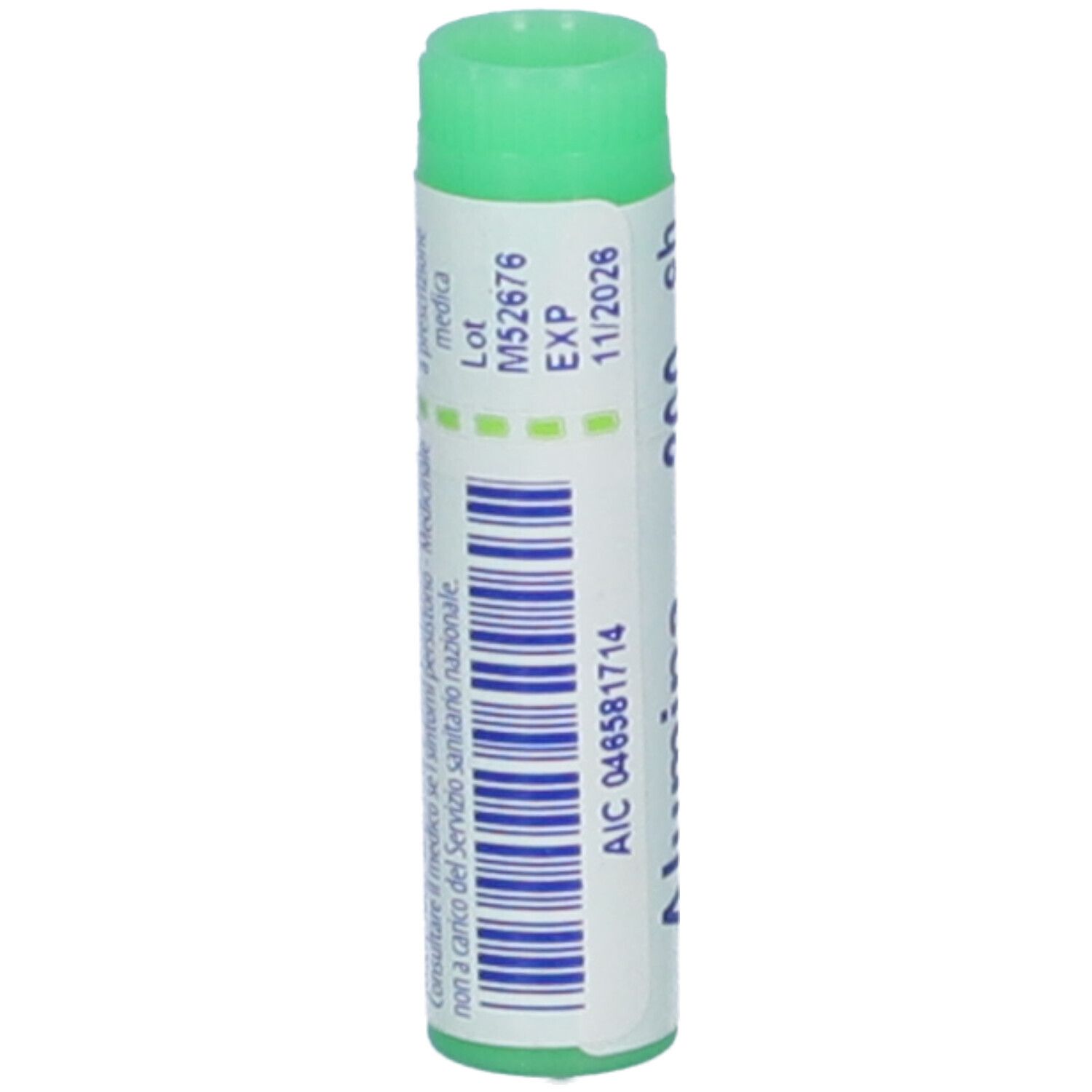 Flacone cilindrico con tappo verde. Scritta: Alumina 200 ch, Lot, EXP 11/2026.