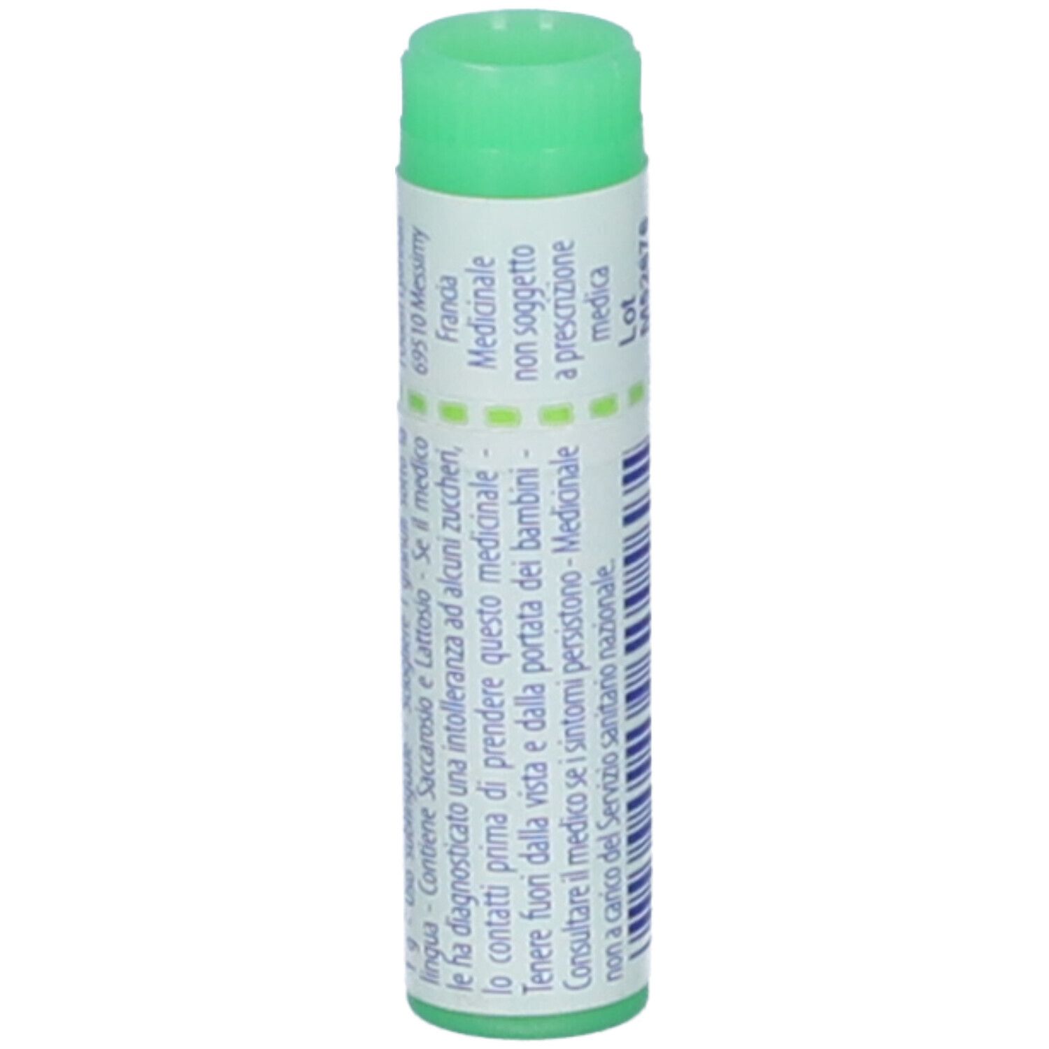 Flacone cilindrico con tappo verde. Scritta: Alumina 200 ch, Medicinale, Francia.