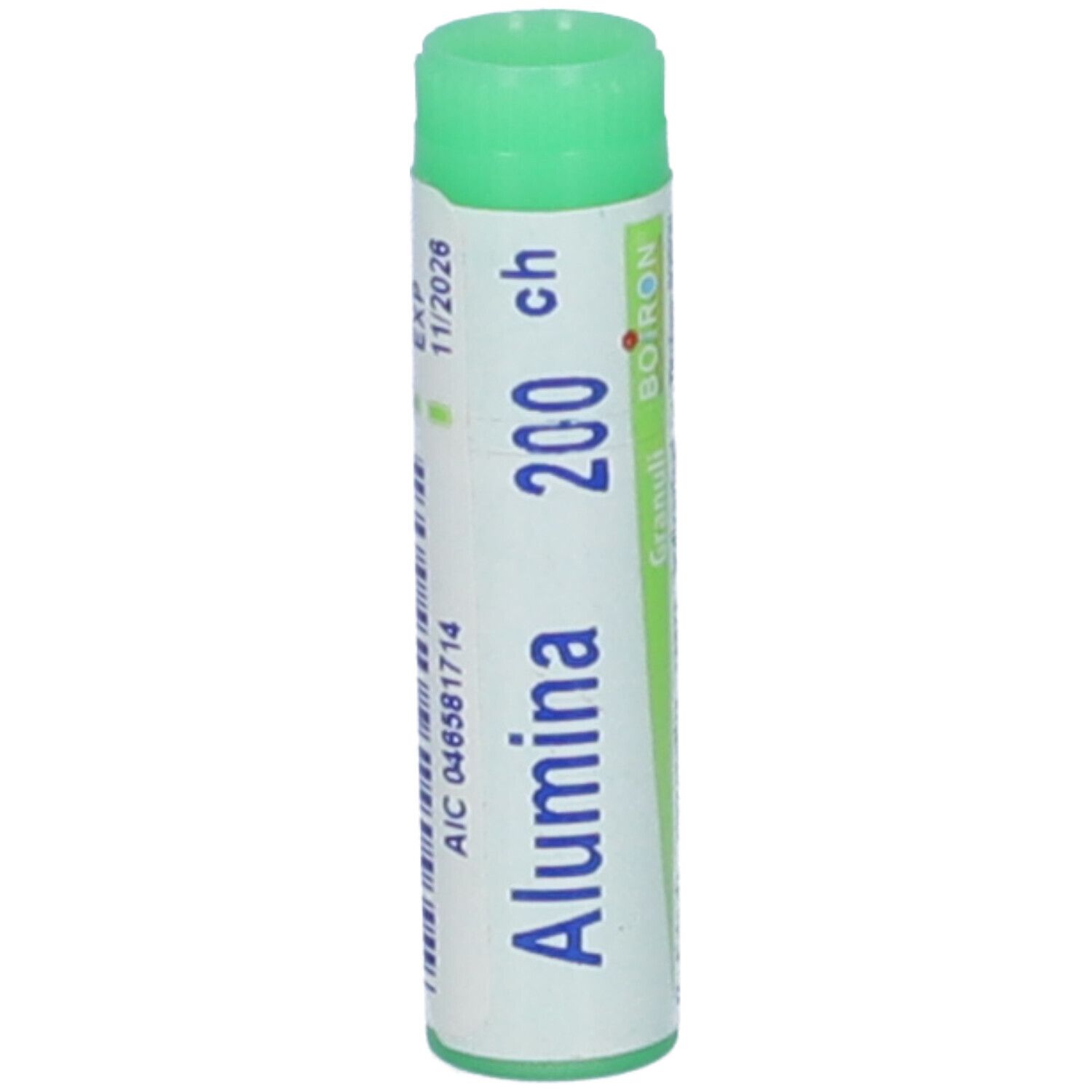 Flacone cilindrico con tappo verde. Scritta: Alumina 200 ch, AIC, EXP 11/2026.