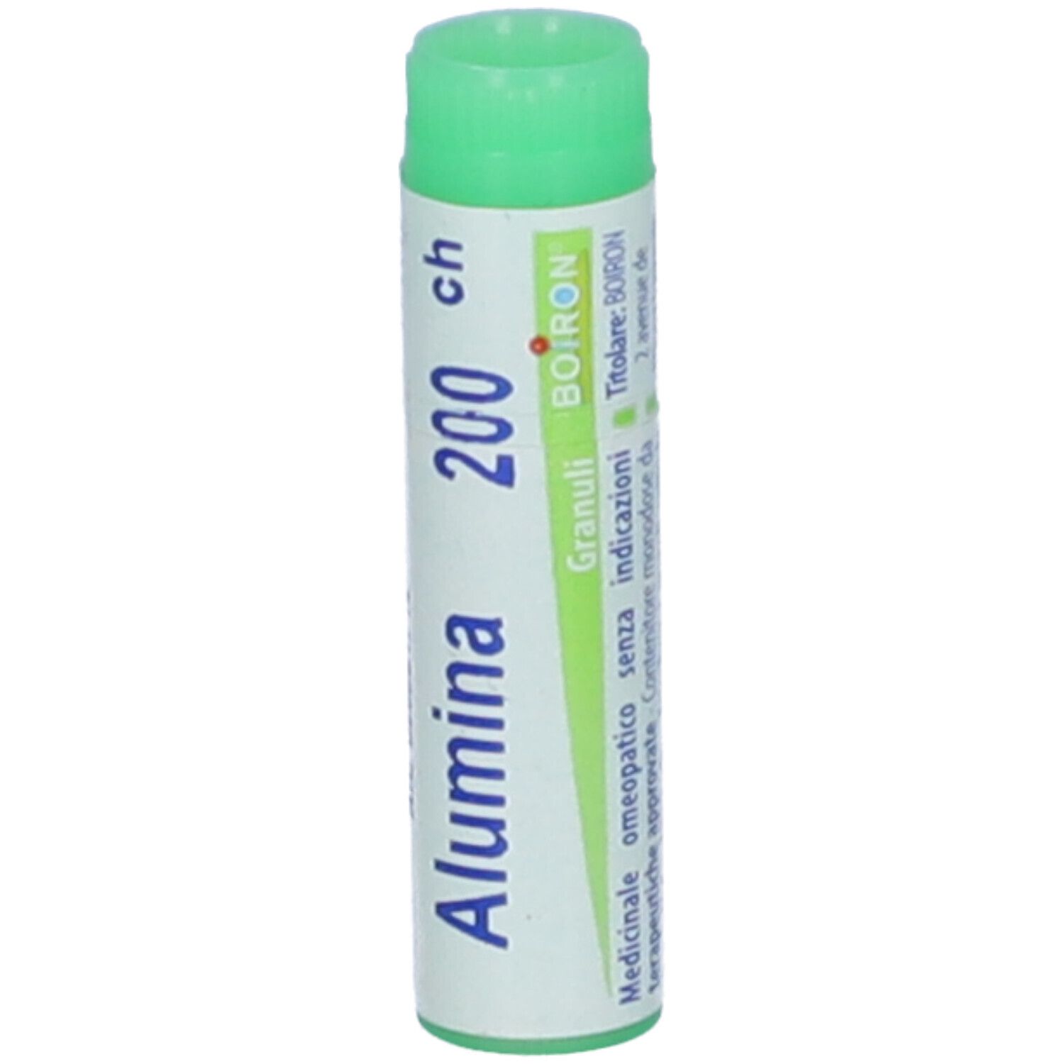Flacone cilindrico con tappo verde. Scritta: Alumina 200 ch, Granuli, BOIRON.