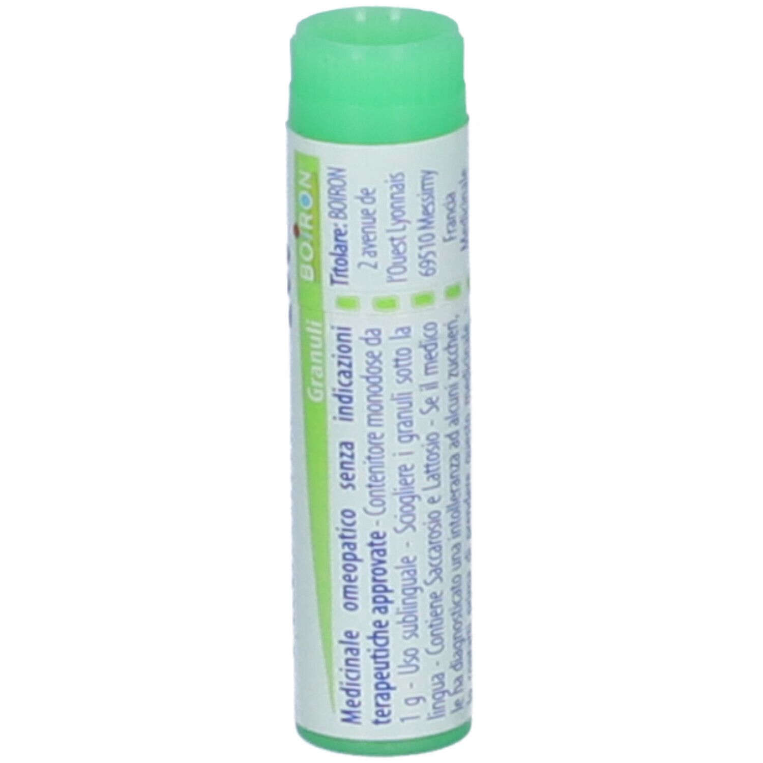 Flacone cilindrico con tappo verde. Scritta: Alumina 200 ch, BOIRON, indirizzo.