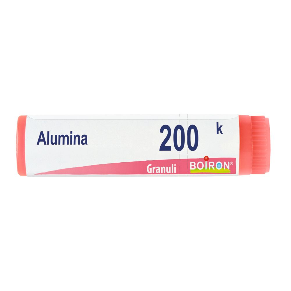 Confezione cilindrica Alumina 200 K, Granuli, Boiron. Tappo e base rossi.