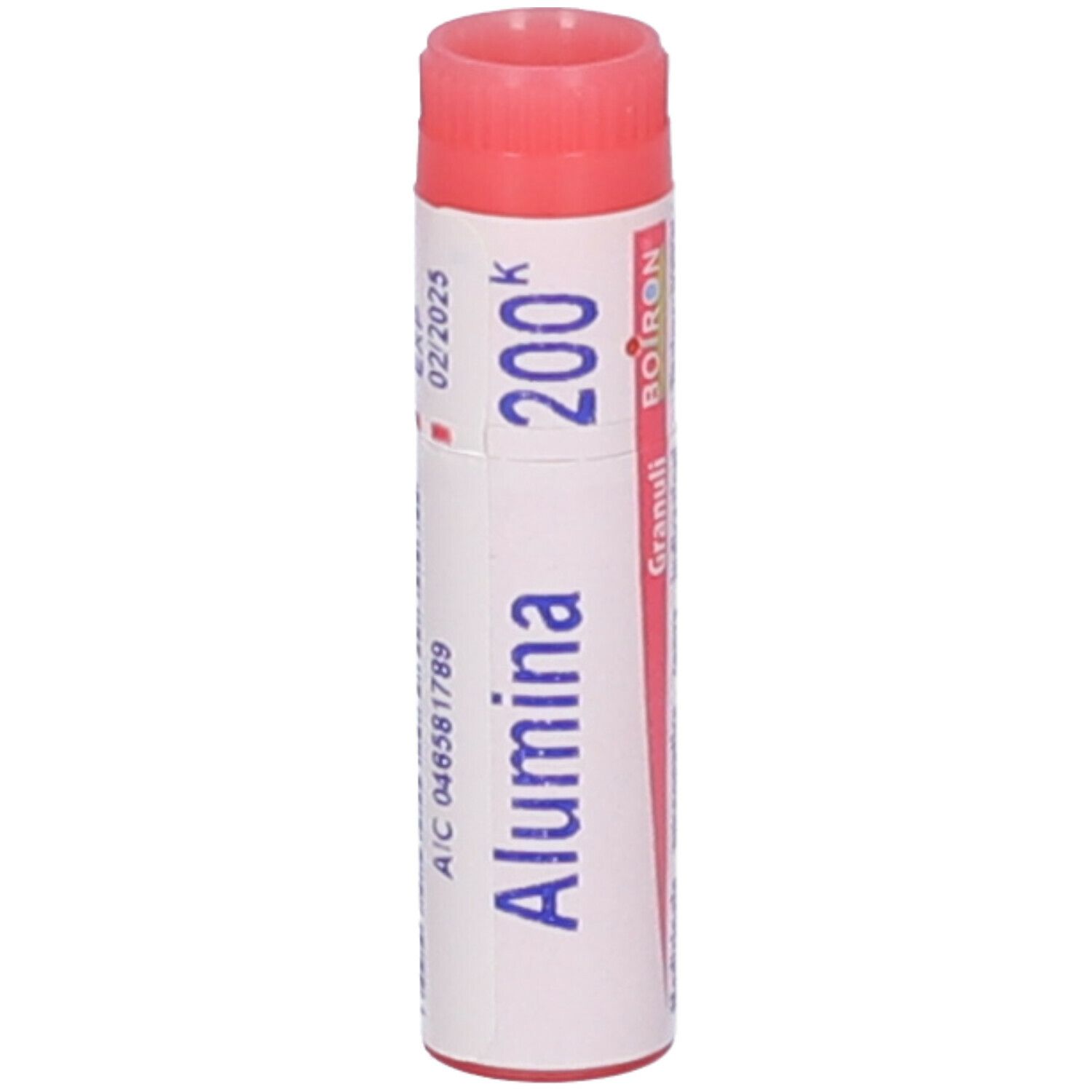 Confezione cilindrica Alumina 200 K. Tappo rosso. Scritta: 02/2025, A/C 046581789.