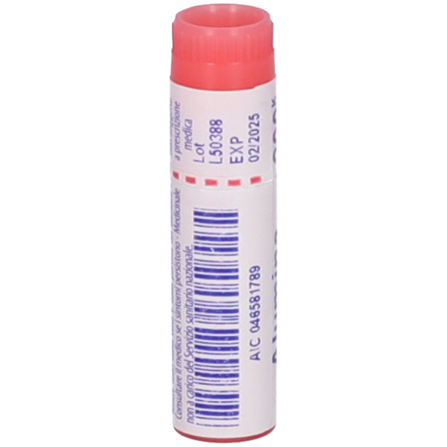 Confezione cilindrica con codice a barre e testo. Tappo rosso. Scritta: 02/2025, A/C 046581789.
