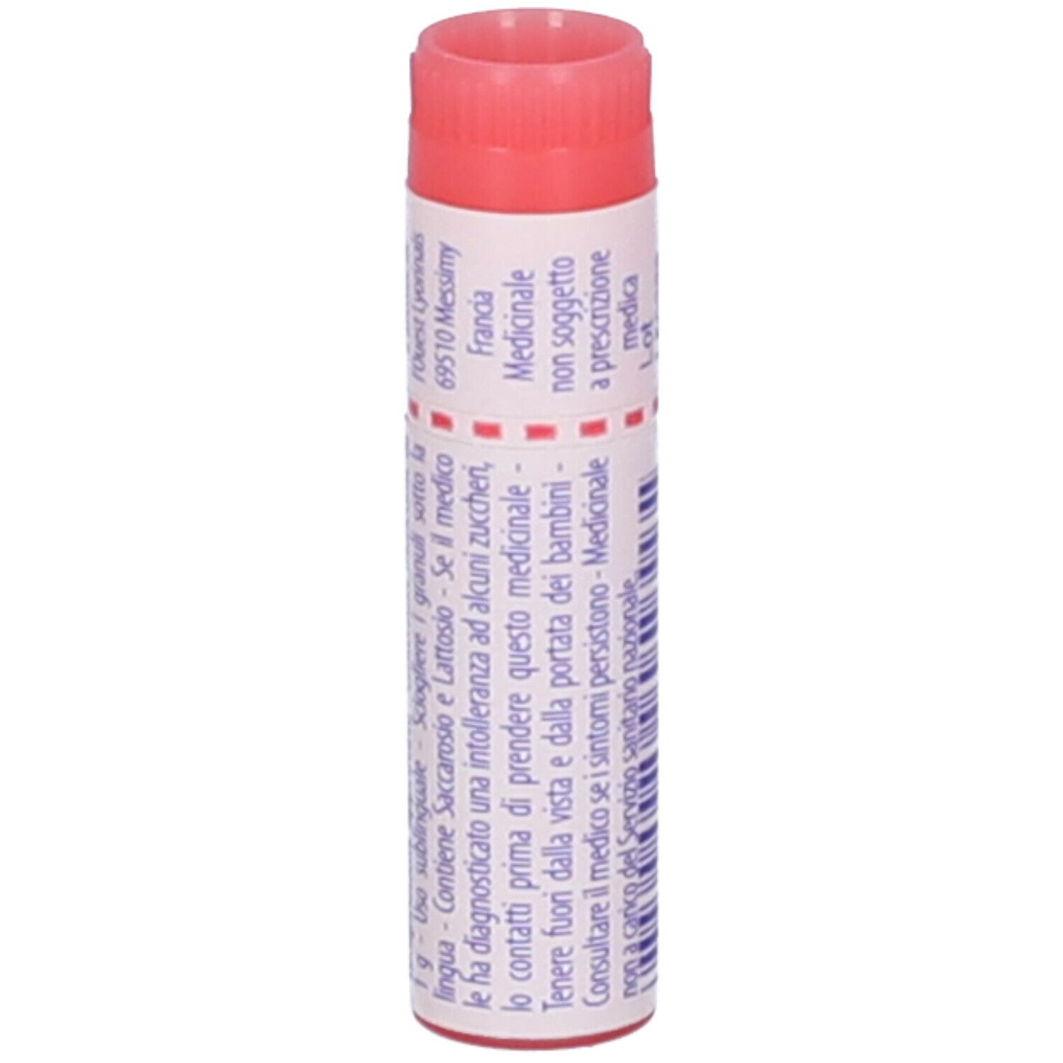Confezione cilindrica con testo. Tappo rosso. Scritta: Francia, 69510 Messimy.