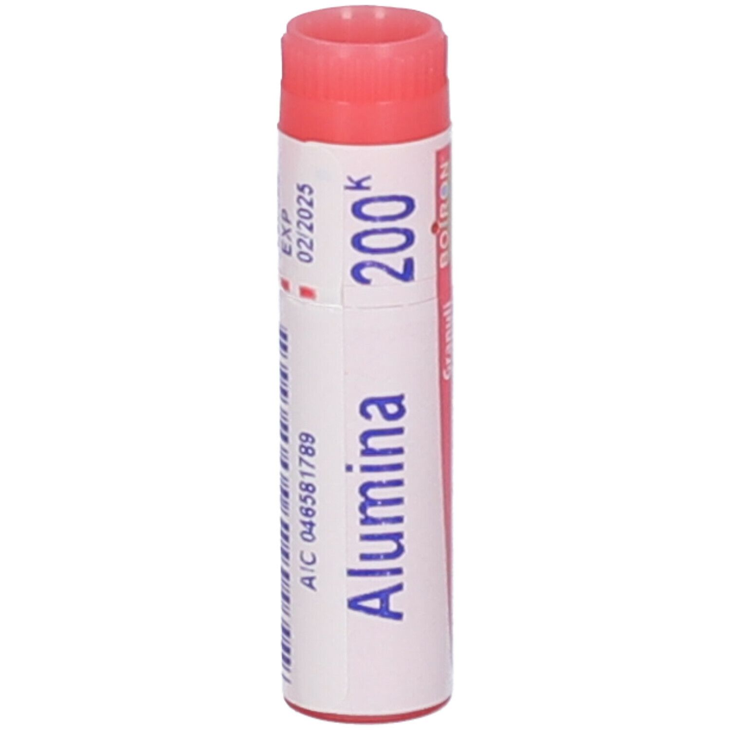 Confezione cilindrica Alumina 200 K. Tappo rosso. Scritta: 02/2025, A/C 046581789.