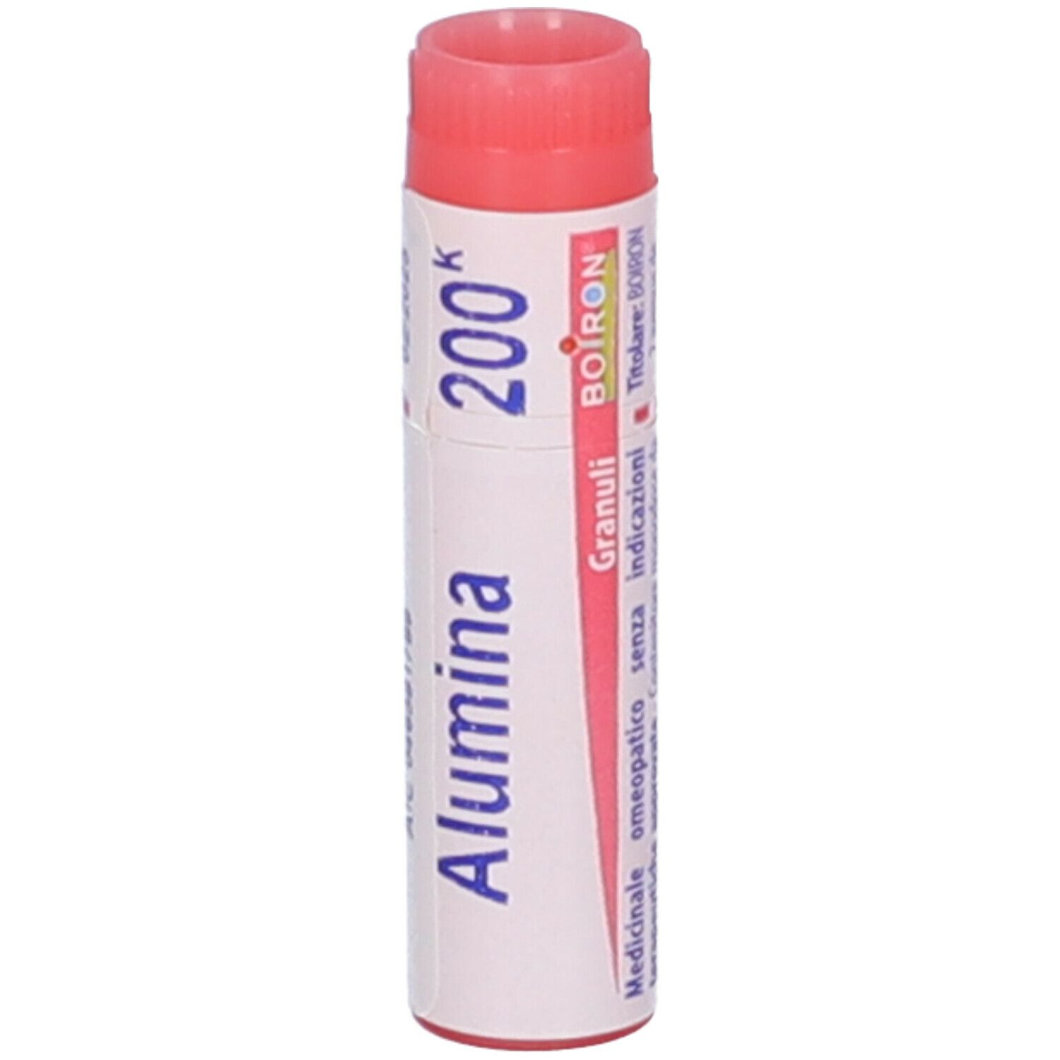 Confezione cilindrica Alumina 200 K, Granuli, Boiron. Tappo rosso. Testo: Medicinale omeopatico.