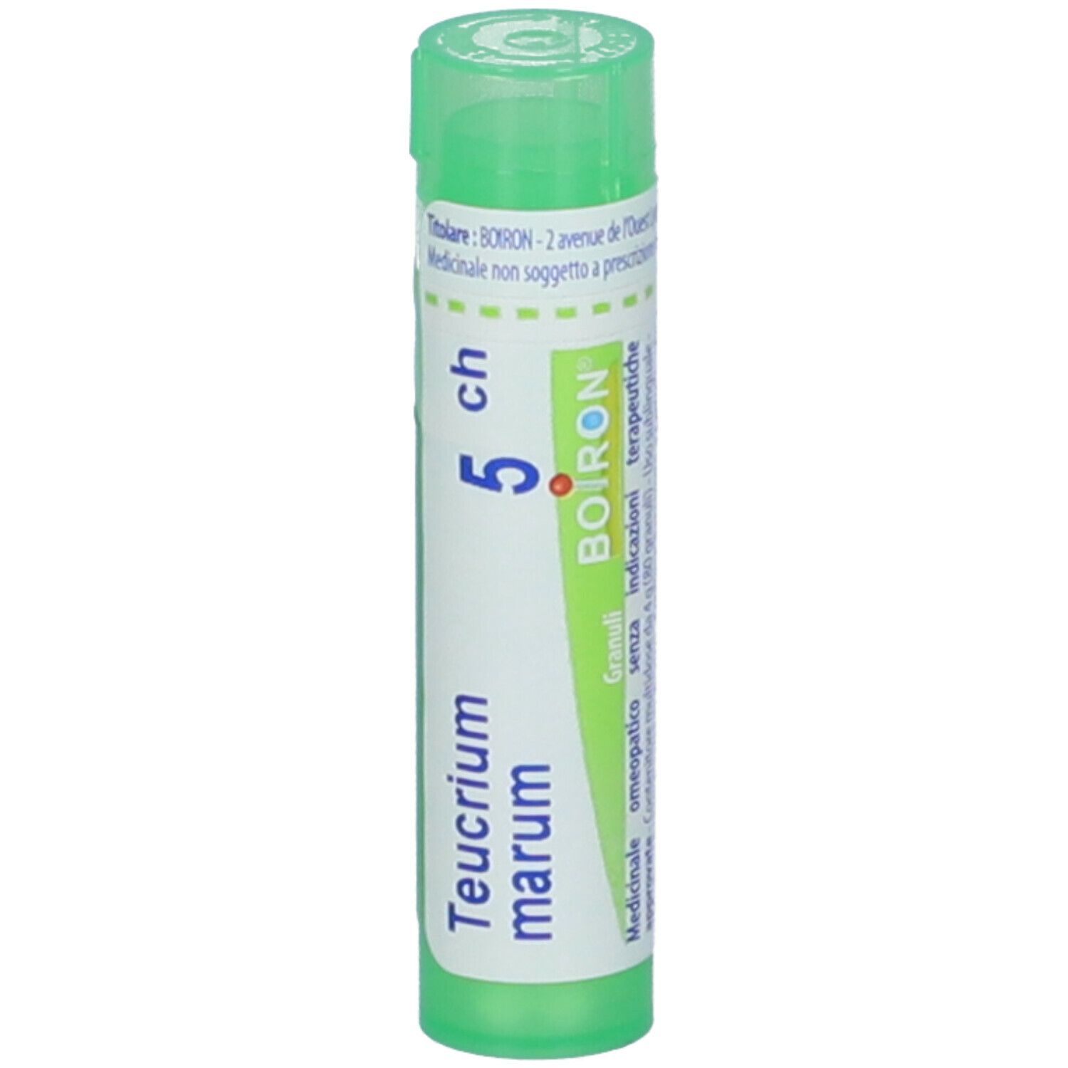 Confezione cilindrica verde. Scritta: Teucrium marum, 5 ch, BOIRON. Etichetta con informazioni.
