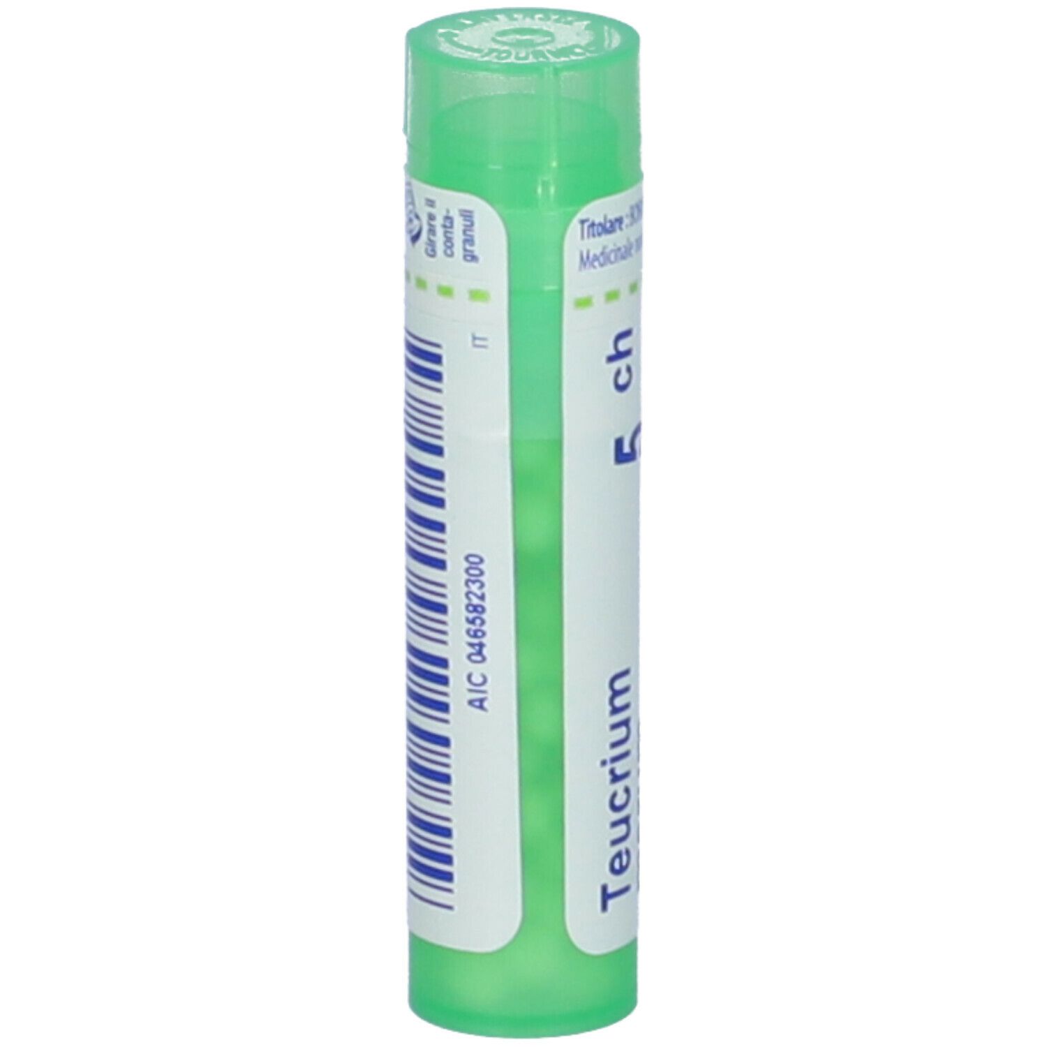 Confezione cilindrica verde. Scritta: Teucrium marum, 5 ch. Codice a barre e altre informazioni.