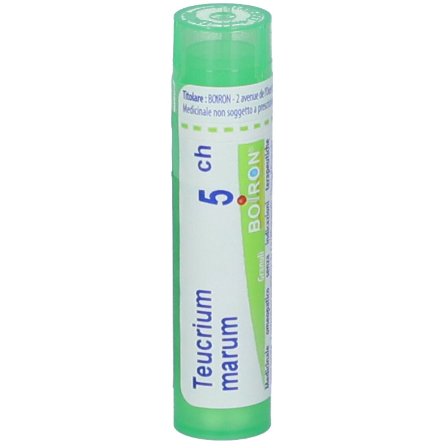 Confezione cilindrica verde. Scritta: Teucrium marum, 5 ch, BOIRON. Punto rosso.
