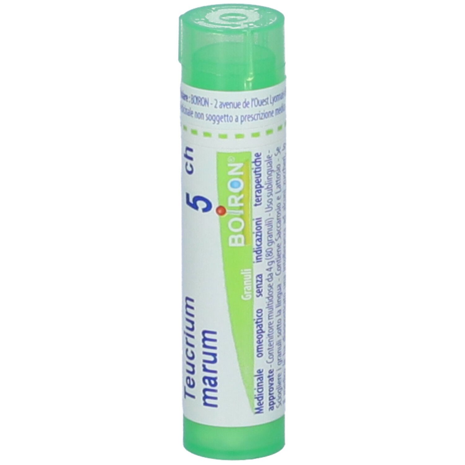 Confezione cilindrica verde. Scritta: Teucrium marum, 5 ch, BOIRON. Informazioni aggiuntive.