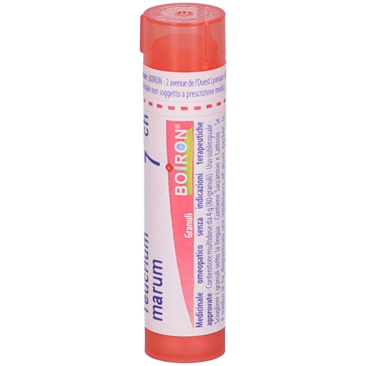 Confezione cilindrica con tappo rosa. Scritta: Teucrium marum, 7 ch, Boiron, Granuli.