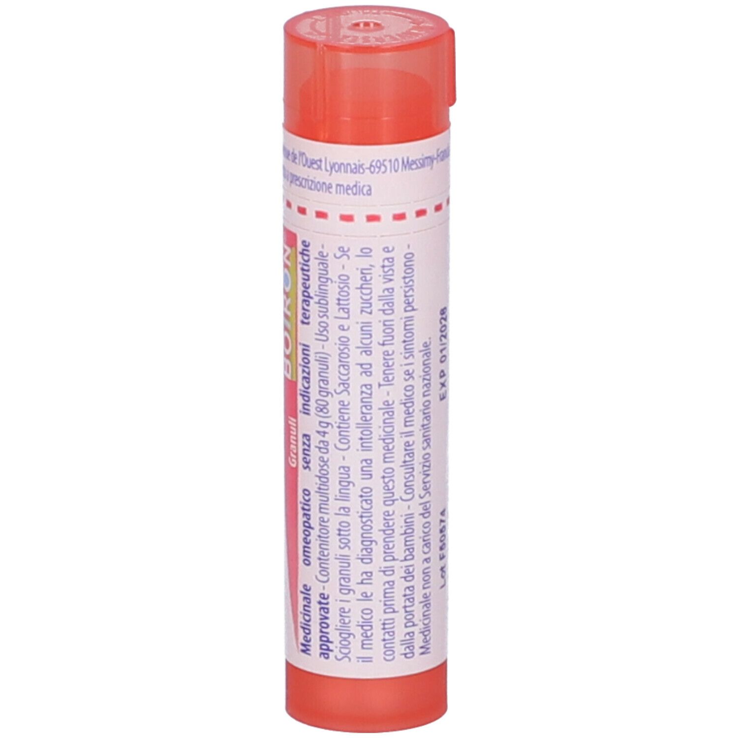 Confezione cilindrica con tappo rosa. Scritta: Teucrium marum, 7 ch, Boiron, Granuli.