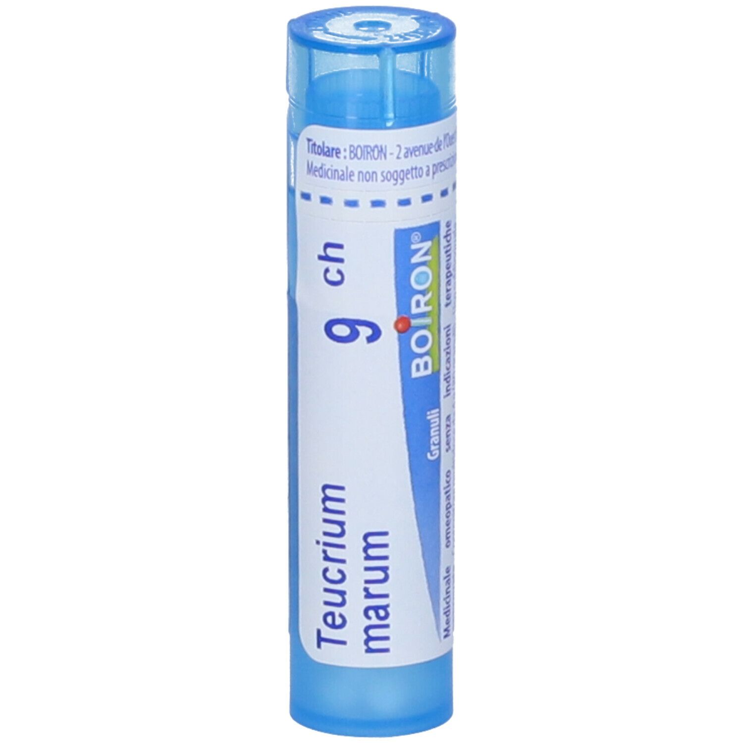 Tubo blu con etichetta bianca. Scritta: "Teucrium marum 9 ch", "BOIRON". Granuli.