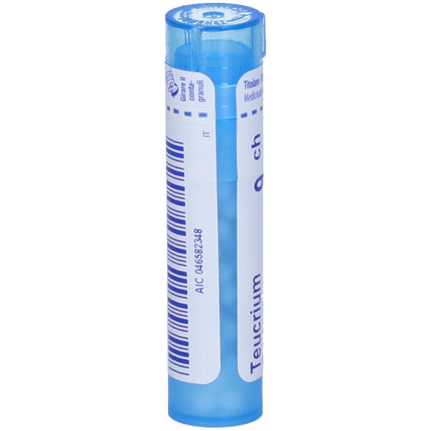 Tubo blu con etichetta bianca. Scritta: "Teucrium", "9 ch". Codice a barre e altre info.