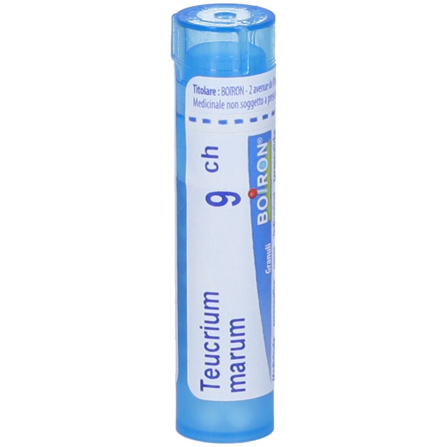 Tubo blu con etichetta bianca. Scritta: "Teucrium marum 9 ch", "BOIRON". Granuli.