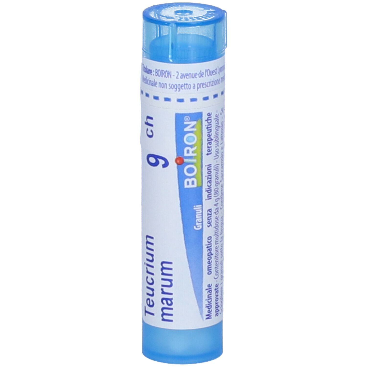 Tubo blu con etichetta bianca. Scritta: "Teucrium marum 9 ch", "BOIRON". Granuli.