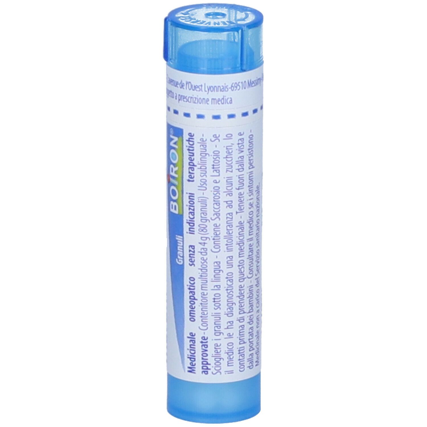 Tubo blu con etichetta bianca. Scritta: "Granuli", "Teucrium marum". Altre informazioni.