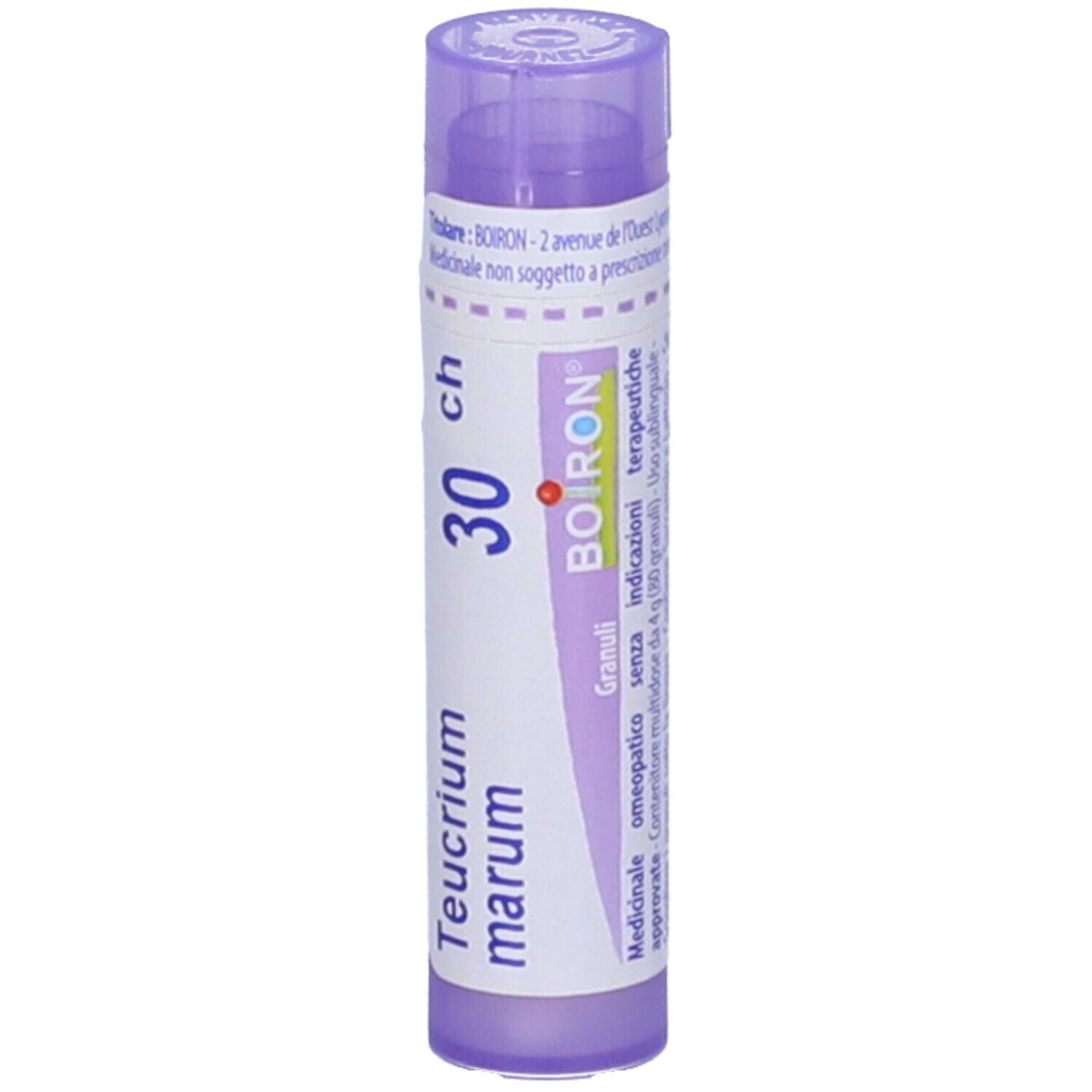 Confezione cilindrica, tappo viola. Scritte: Teucrium marum, 30 ch, BOIRON. Etichetta con informazioni.