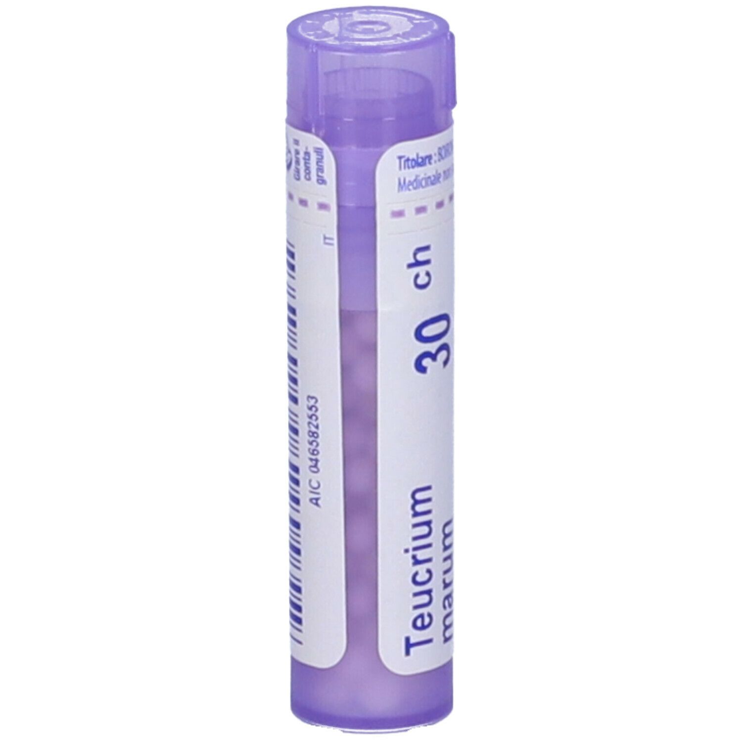 Confezione cilindrica, tappo viola. Scritte: Teucrium marum, 30 ch. Codice a barre e altre informazioni.