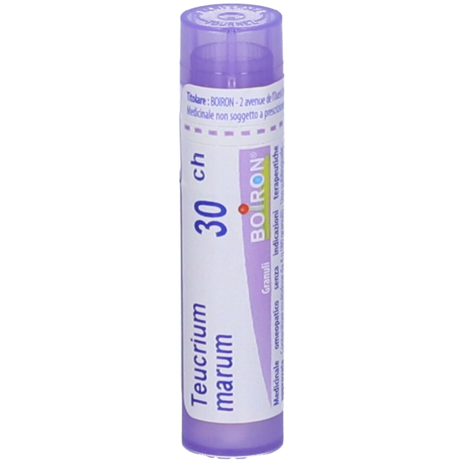 Confezione cilindrica, tappo viola. Scritte: Teucrium marum, 30 ch, BOIRON. Etichetta con informazioni.