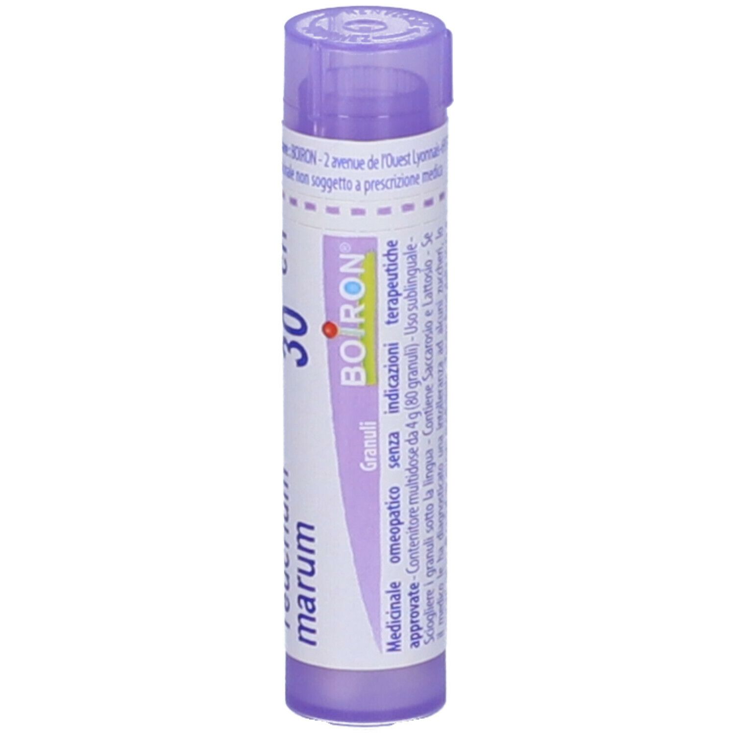 Confezione cilindrica, tappo viola. Scritte: Teucrium marum, 30 ch, BOIRON. Etichetta con informazioni.