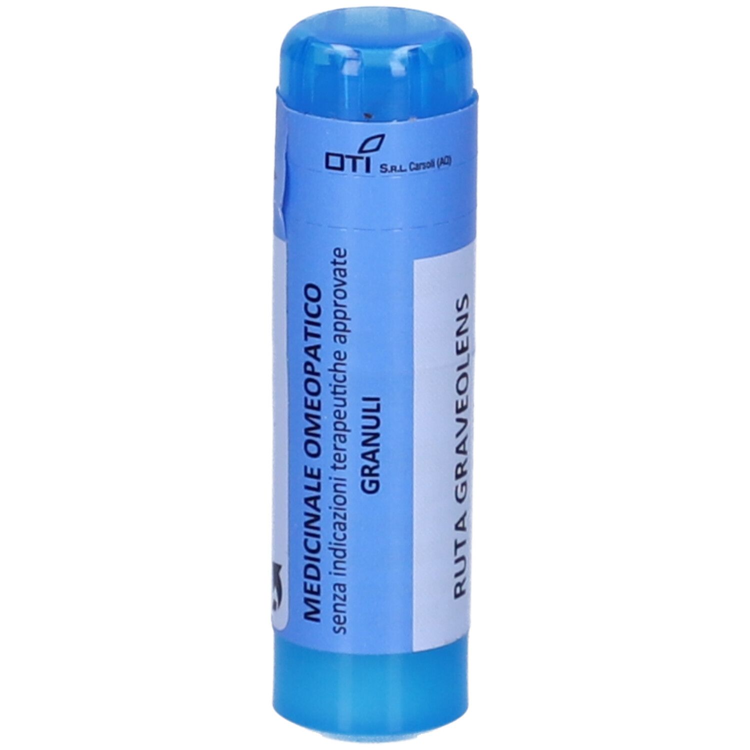 Contenitore cilindrico blu con etichetta bianca. Logo OTI e testo: Medicinale Omeopatico, Ruta Graveolens.