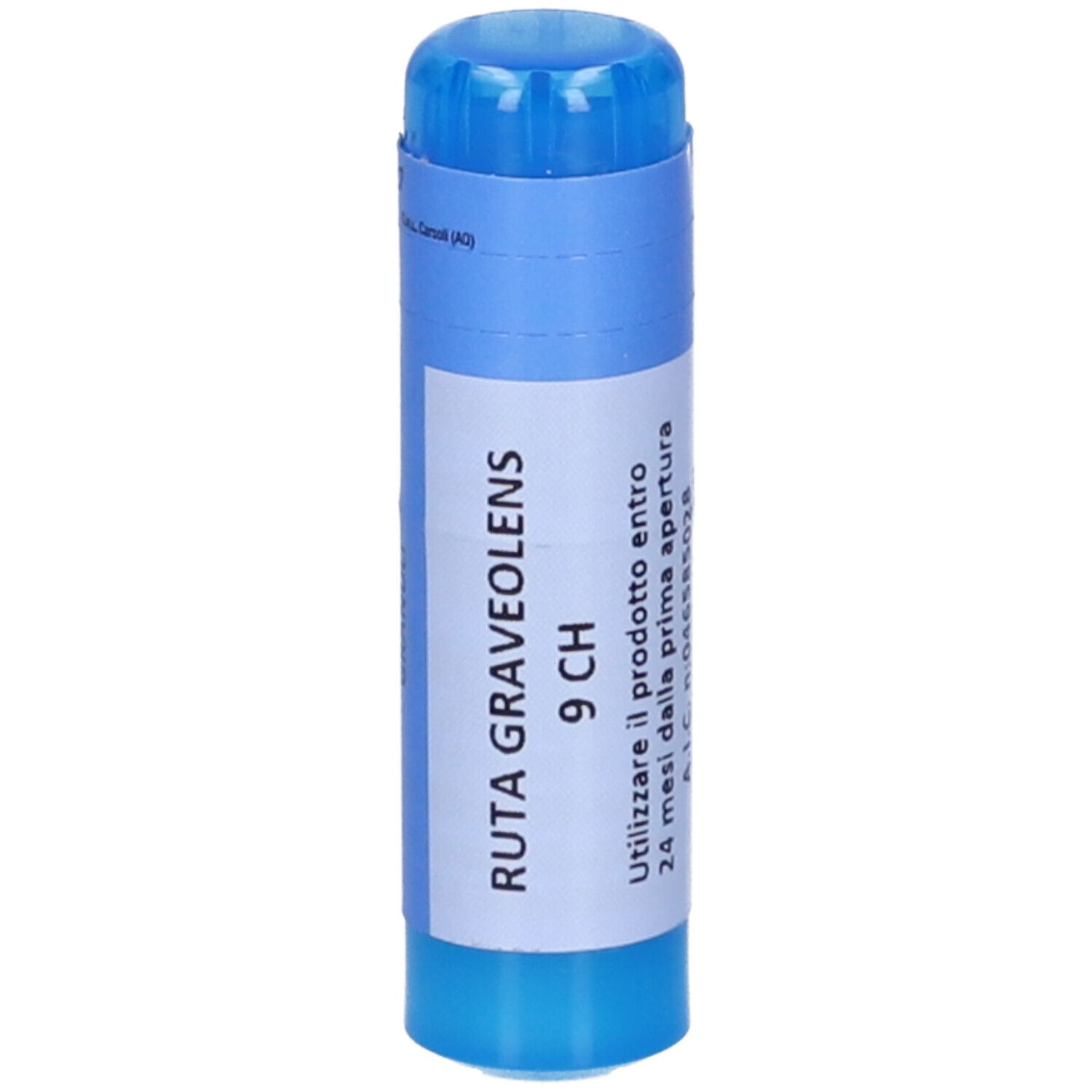 Contenitore cilindrico blu con etichetta bianca. Testo: Ruta Graveolens 9 CH. Scadenza e numero A.I.C.